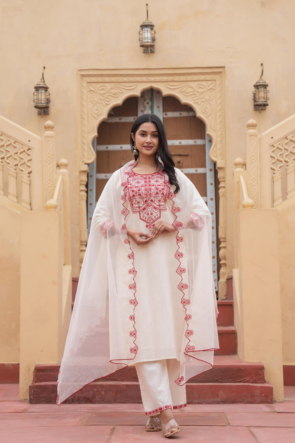 Juniper Off White & Red Solid Cotton Kurta & Pant Set With Dupatta