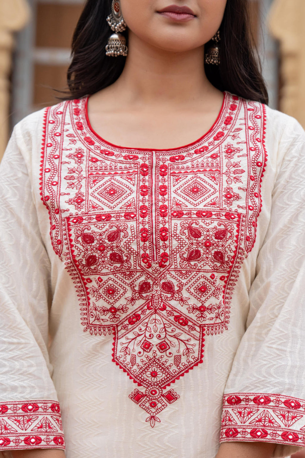 Juniper Off White & Red Solid Cotton Kurta & Pant Set With Dupatta