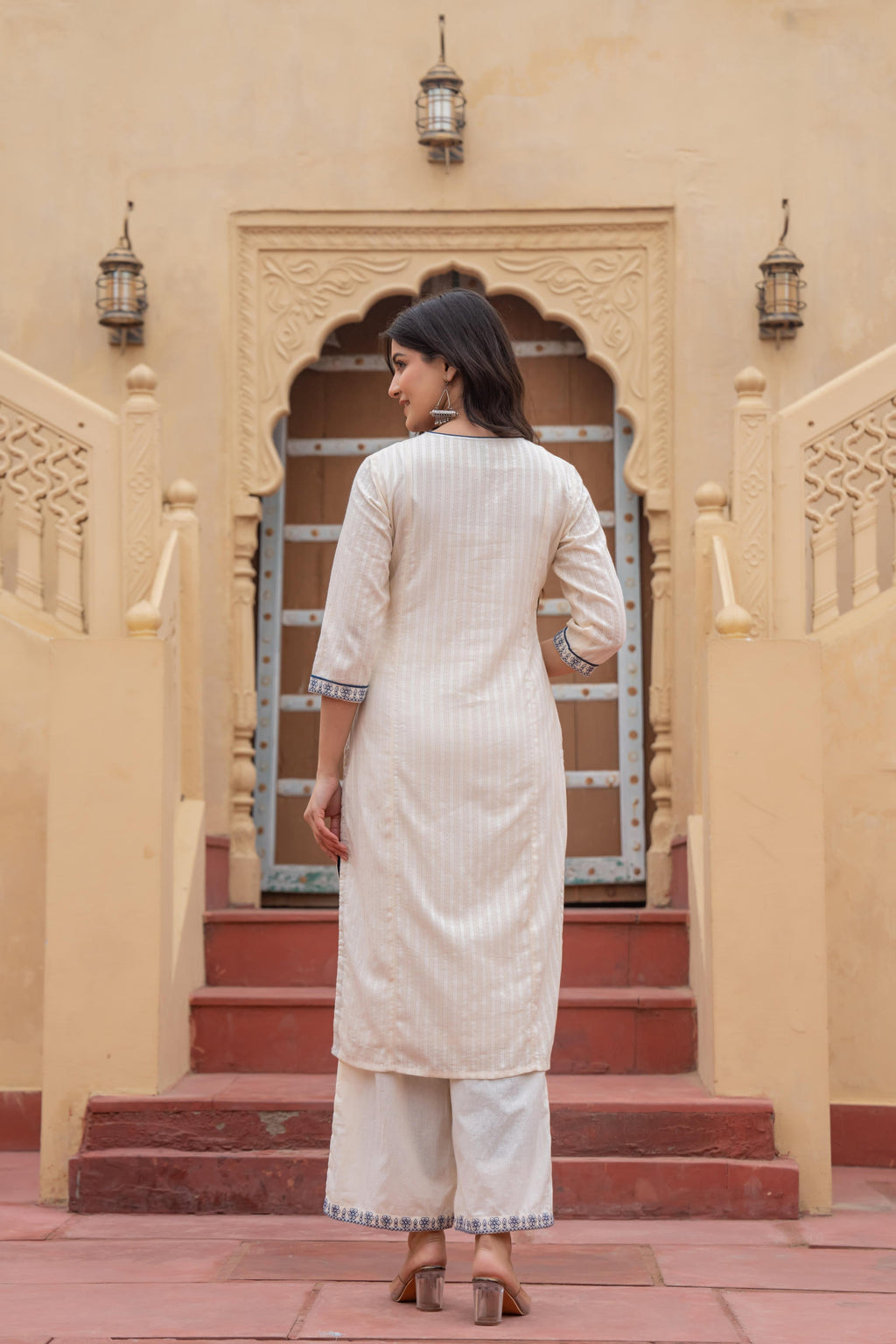 Juniper Off White & Indigo Blue Floral Embroidered Ethnic Suit Set with Dupatta