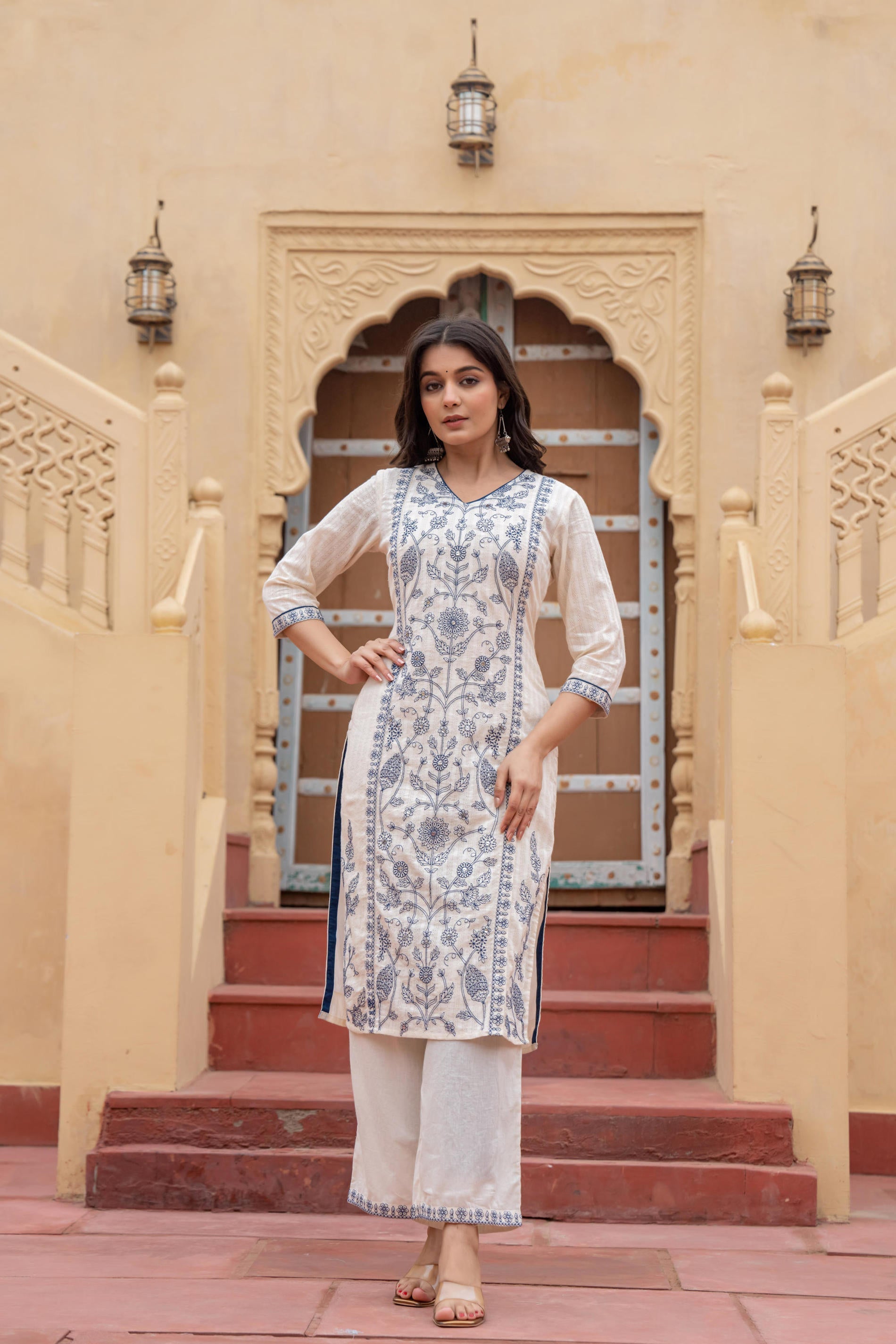 Juniper Off White & Indigo Blue Floral Embroidered Ethnic Suit Set with Dupatta