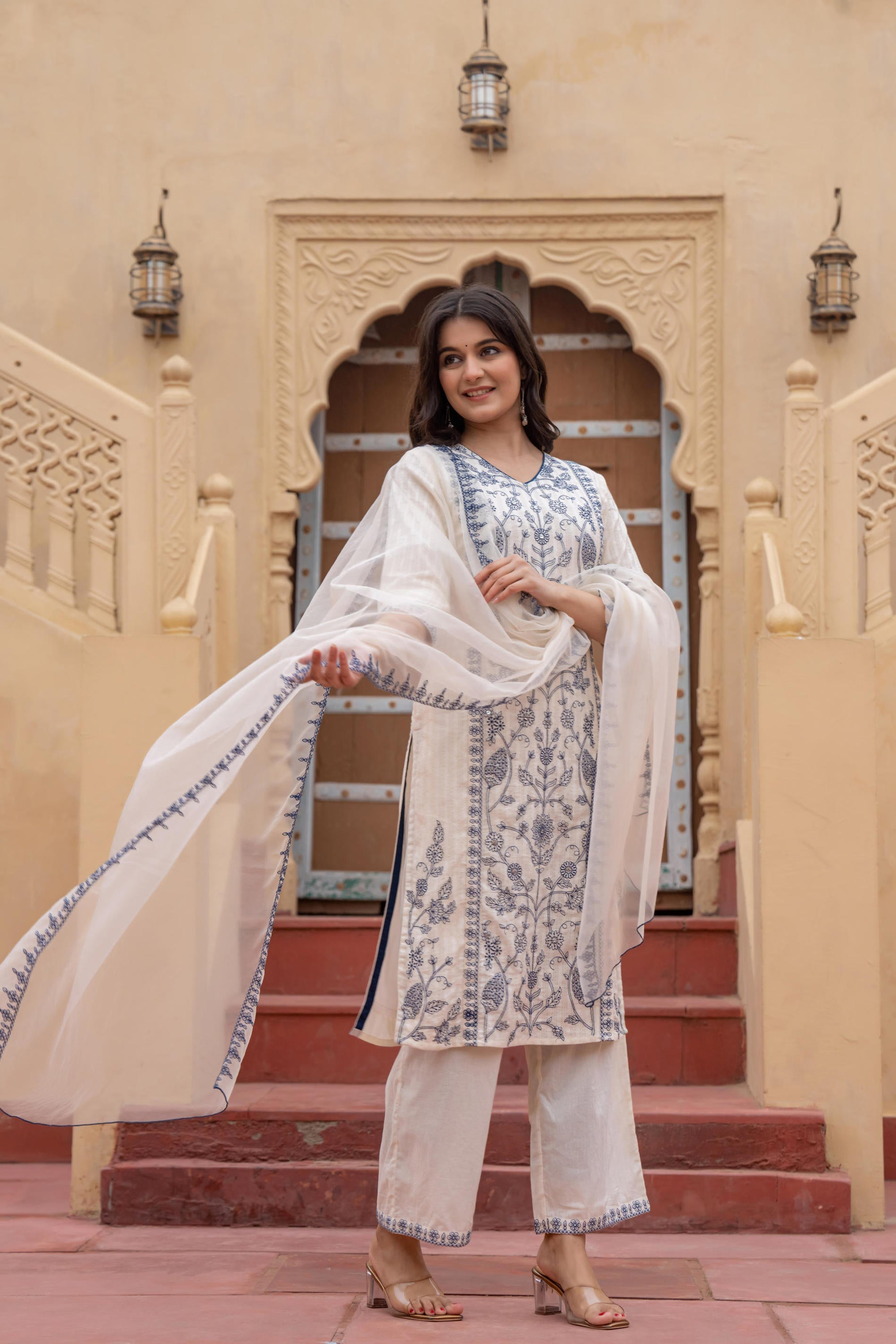 Juniper Off White & Indigo Blue Floral Embroidered Ethnic Suit Set with Dupatta