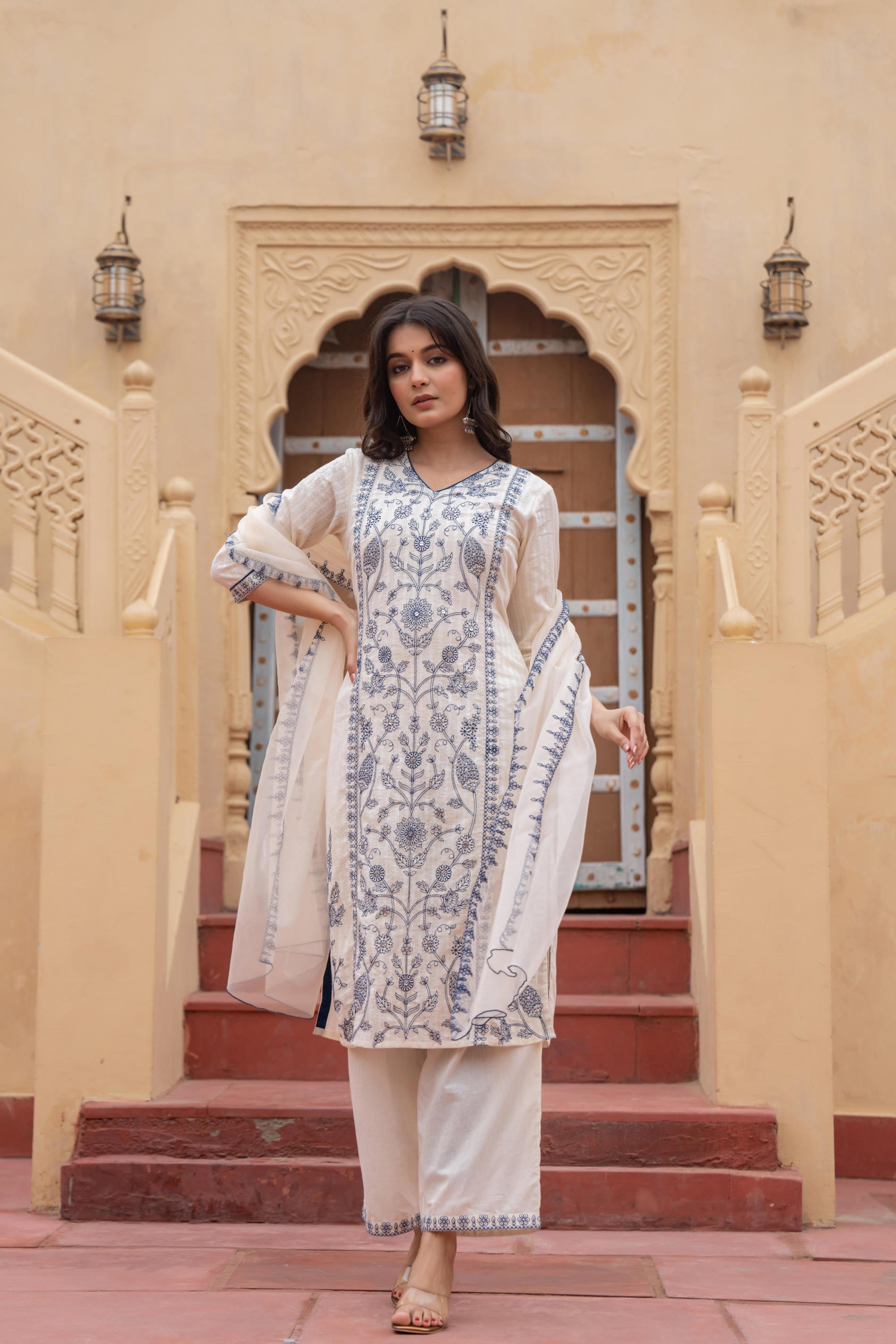 Juniper Off White & Indigo Blue Floral Embroidered Ethnic Suit Set with Dupatta