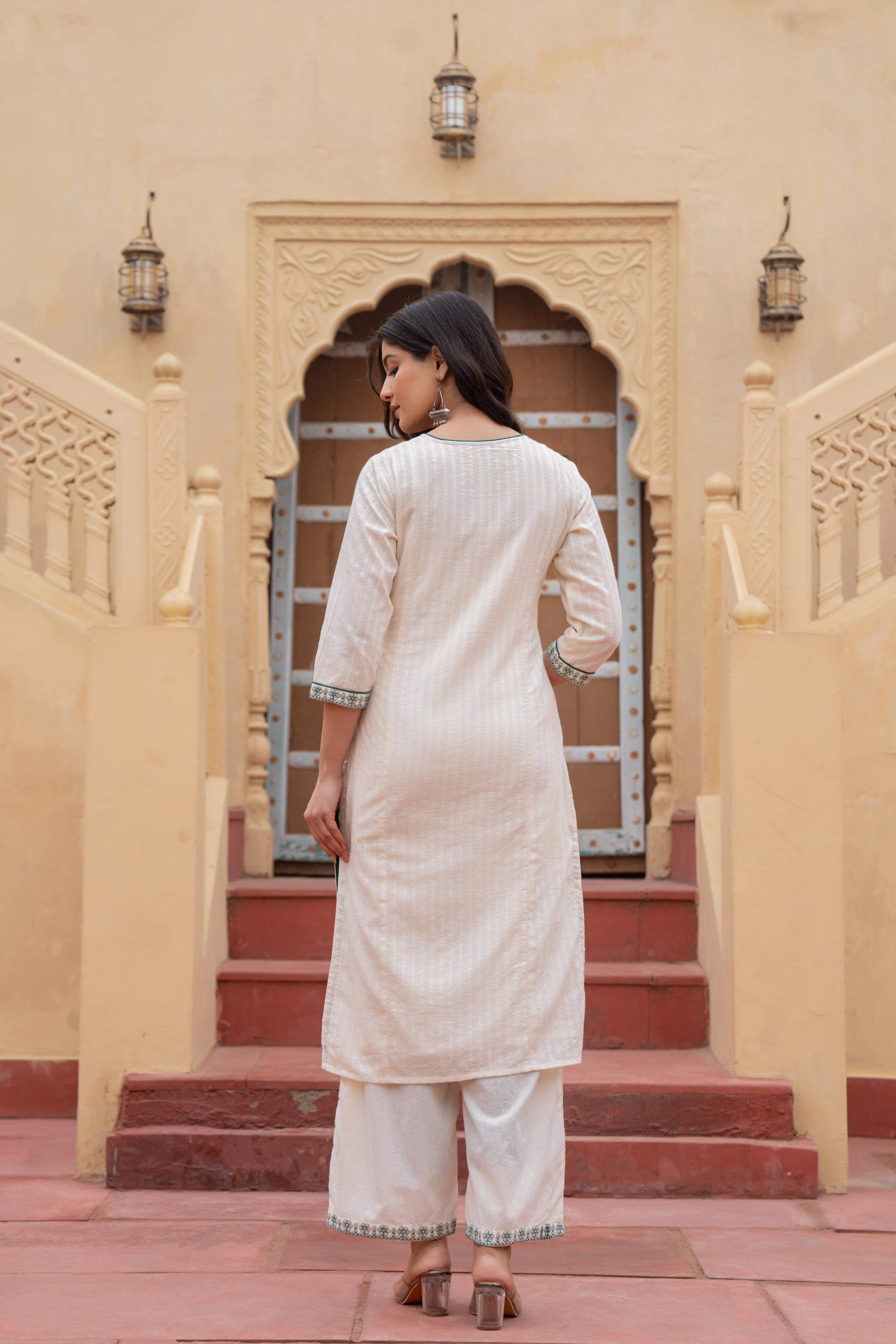 Juniper Off White & Green Floral Embroidered Ethnic Suit Set with Dupatta
