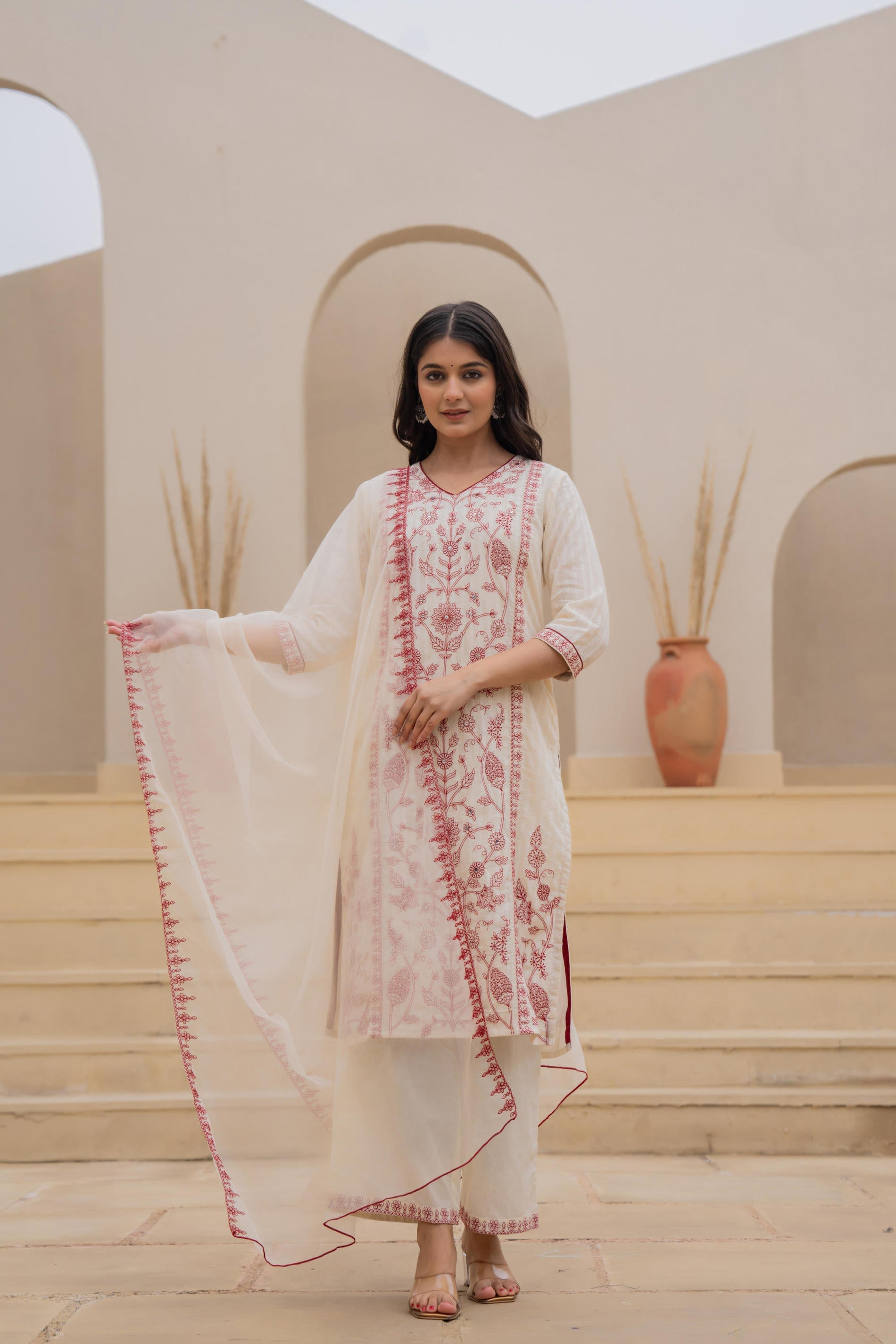 Juniper Off White & Red Floral Embroidered Ethnic Suit Set with Dupatta