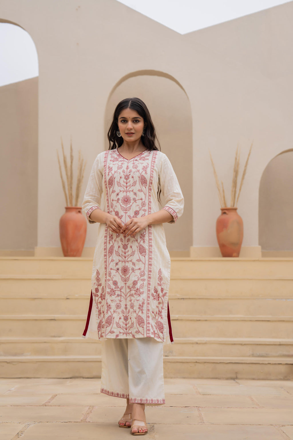 Juniper Off White & Red Floral Embroidered Ethnic Suit Set with Dupatta