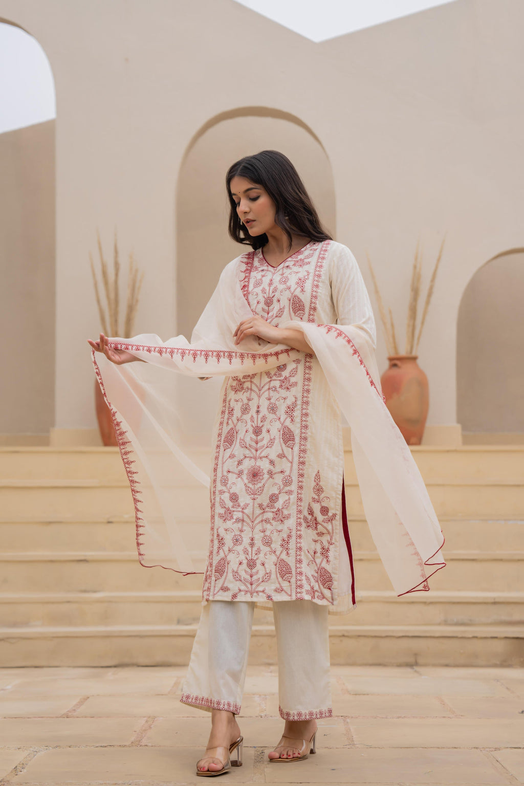 Juniper Off White & Red Floral Embroidered Ethnic Suit Set with Dupatta