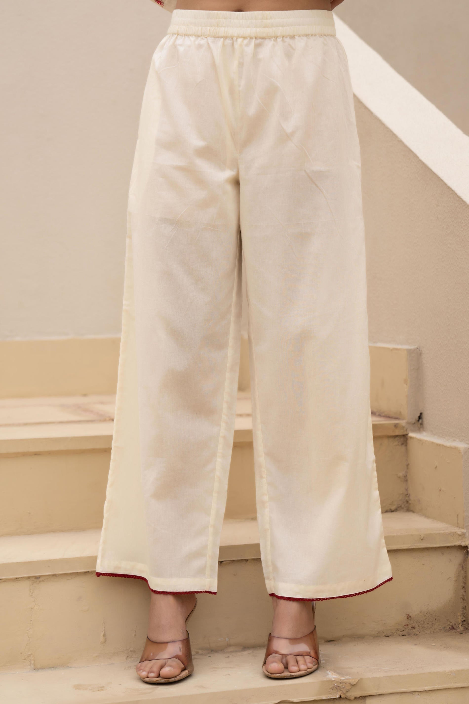 Juniper Off White & Red Solid Cotton Kurta Pant & Shrug With Thread Work