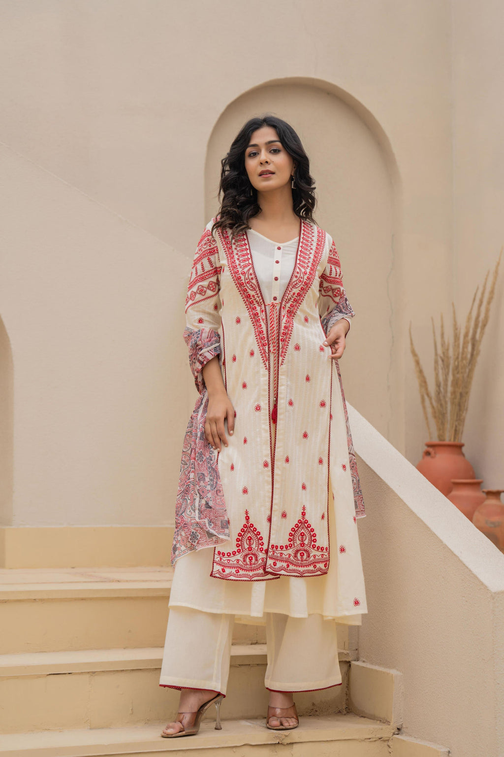 Juniper Off White & Red Solid Cotton Kurta Pant & Shrug With Thread Work