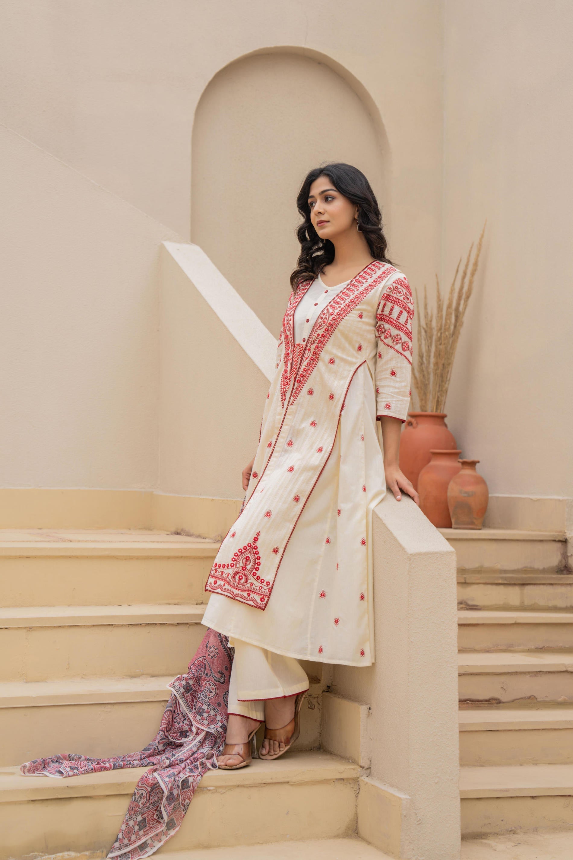 Juniper Off White & Red Solid Cotton Kurta Pant & Shrug With Thread Work