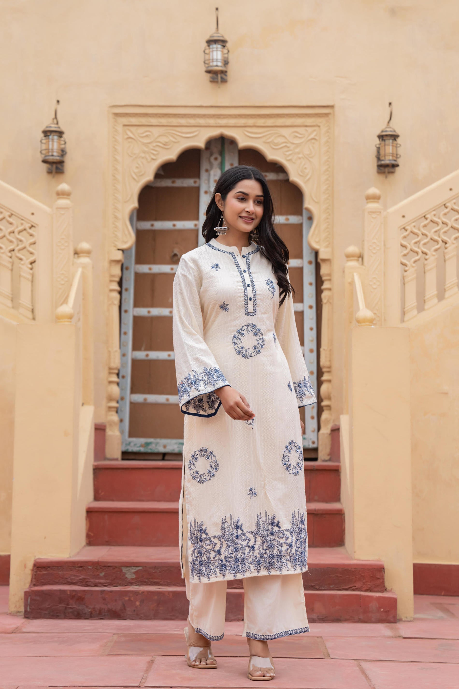 Juniper Off White & Navy Blue Embroidered Straight Kurta Set with Contrast Detailing