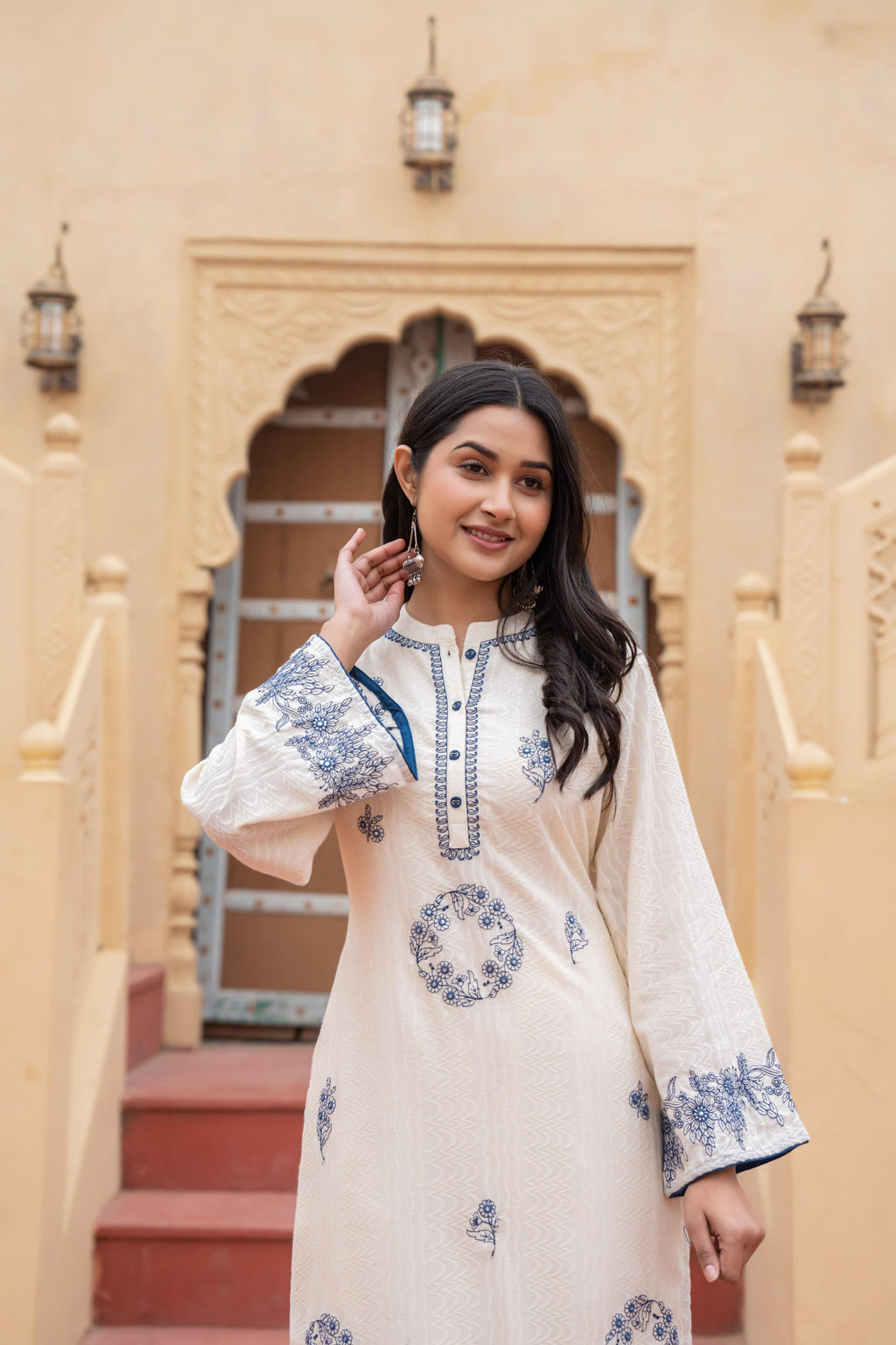 Juniper Off White & Navy Blue Embroidered Straight Kurta Set with Contrast Detailing