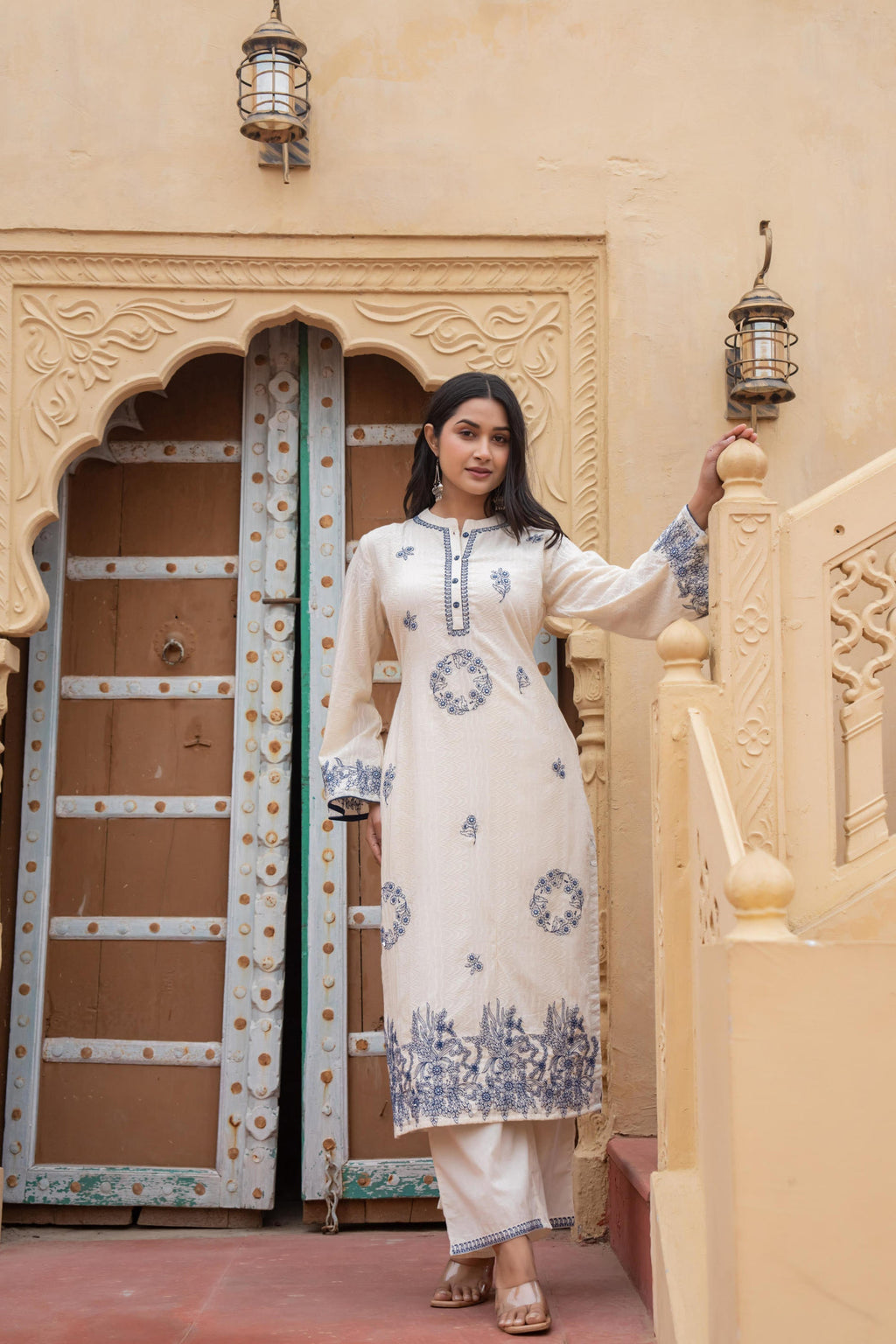 Juniper Off White & Navy Blue Embroidered Straight Kurta Set with Contrast Detailing