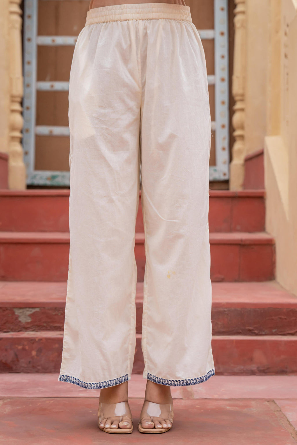 Juniper Off White & Navy Blue Embroidered Straight Kurta Set with Contrast Detailing