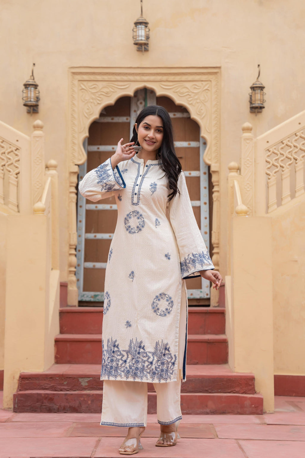 Juniper Off White & Navy Blue Embroidered Straight Kurta Set with Contrast Detailing