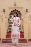 Juniper Off White & Red Embroidered Straight Kurta Set With Contrast Detailing