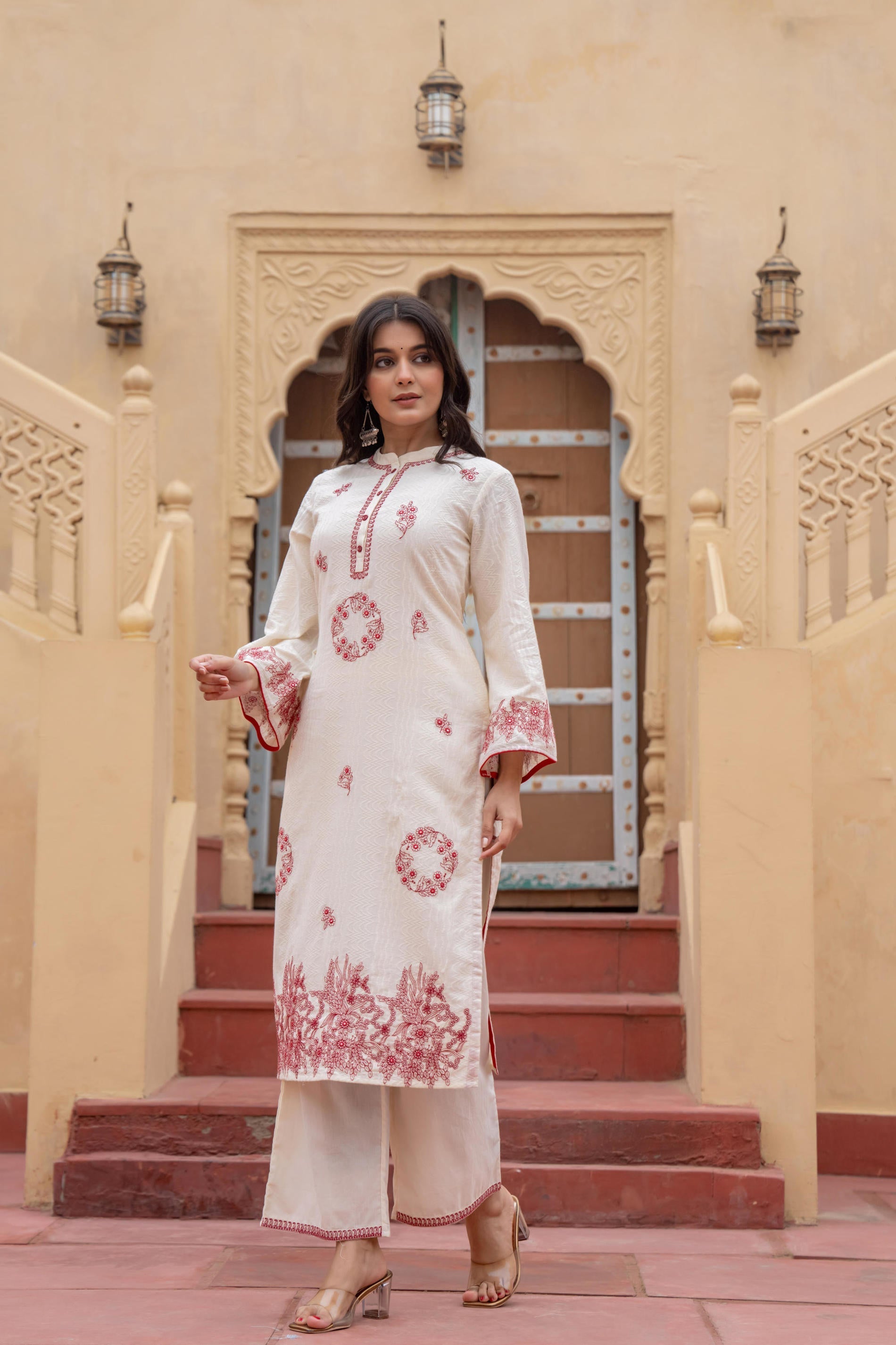 Juniper Off White & Red Embroidered Straight Kurta Set with Contrast Detailing