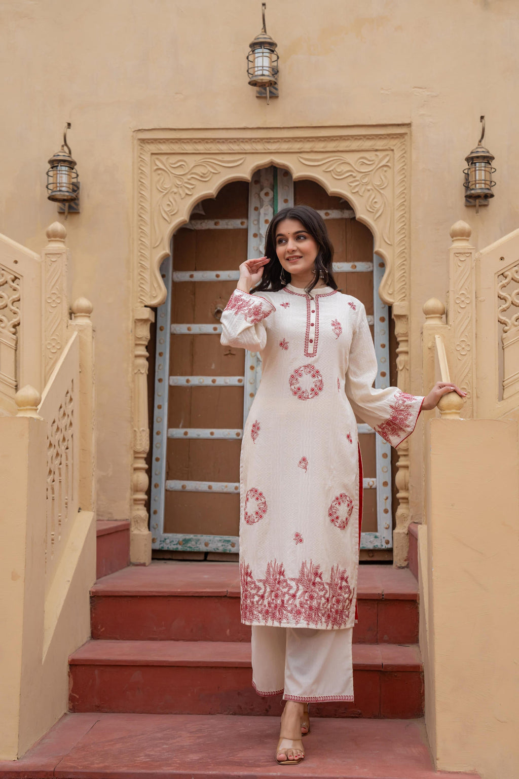 Juniper Off White & Red Embroidered Straight Kurta Set with Contrast Detailing