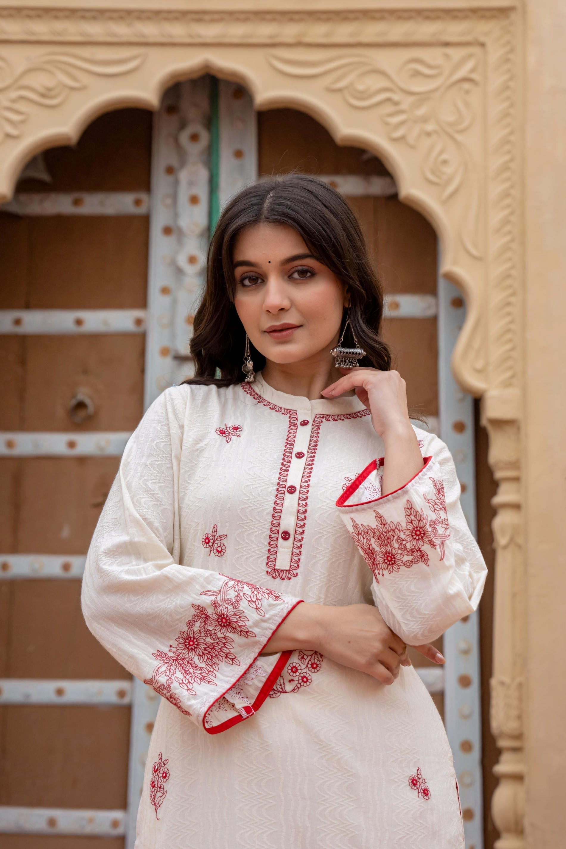 Juniper Off White & Red Embroidered Straight Kurta Set with Contrast Detailing