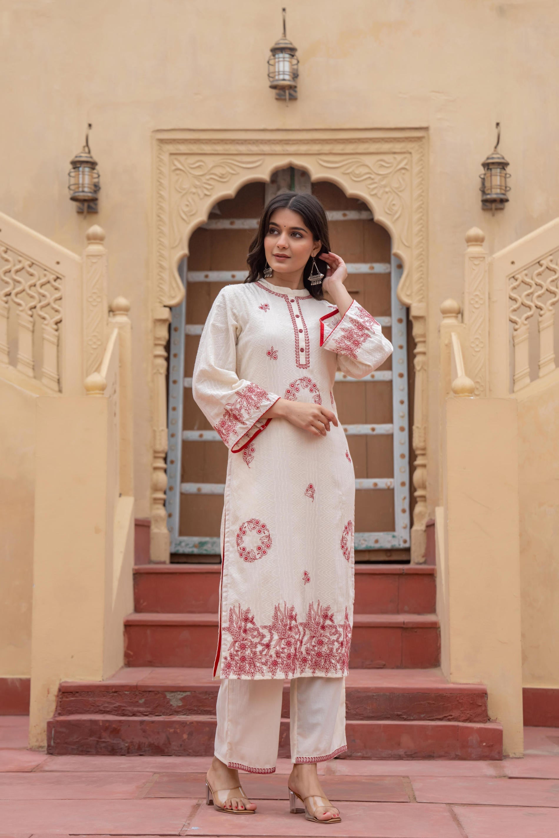 Juniper Off White & Red Embroidered Straight Kurta Set with Contrast Detailing