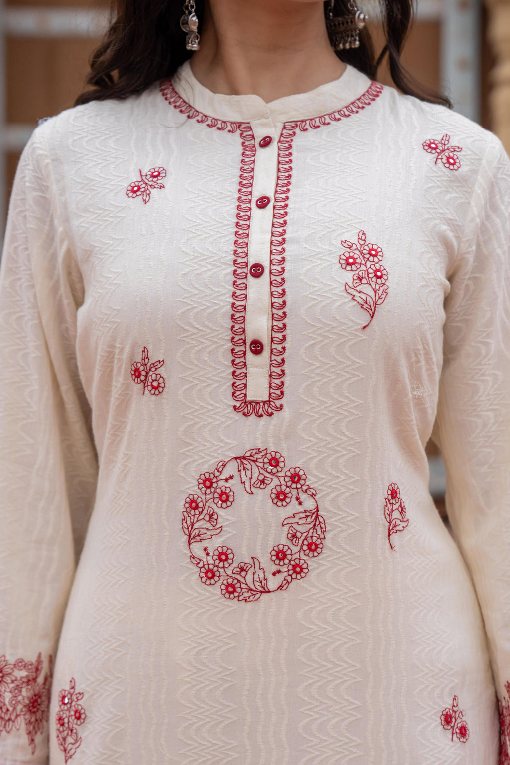 Juniper Off White & Red Embroidered Straight Kurta Set with Contrast Detailing