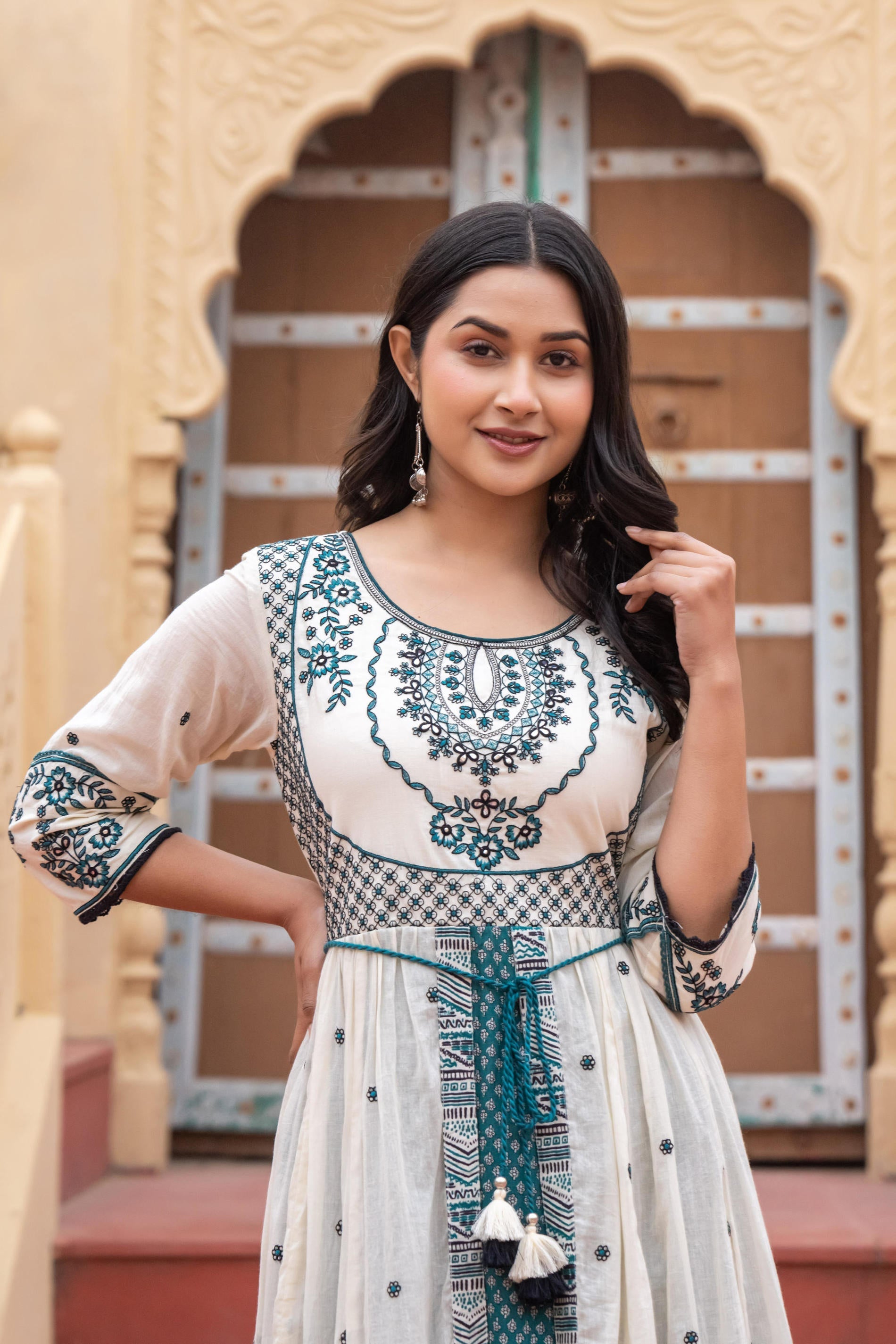 Juniper Off White & Teal Green Embroidered Tiered Ethnic Dress with Inner Layer