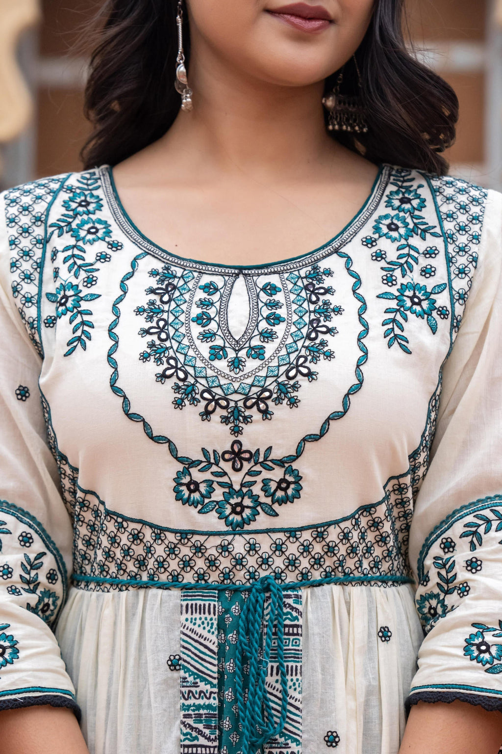 Juniper Off White & Teal Green Embroidered Tiered Ethnic Dress with Inner Layer