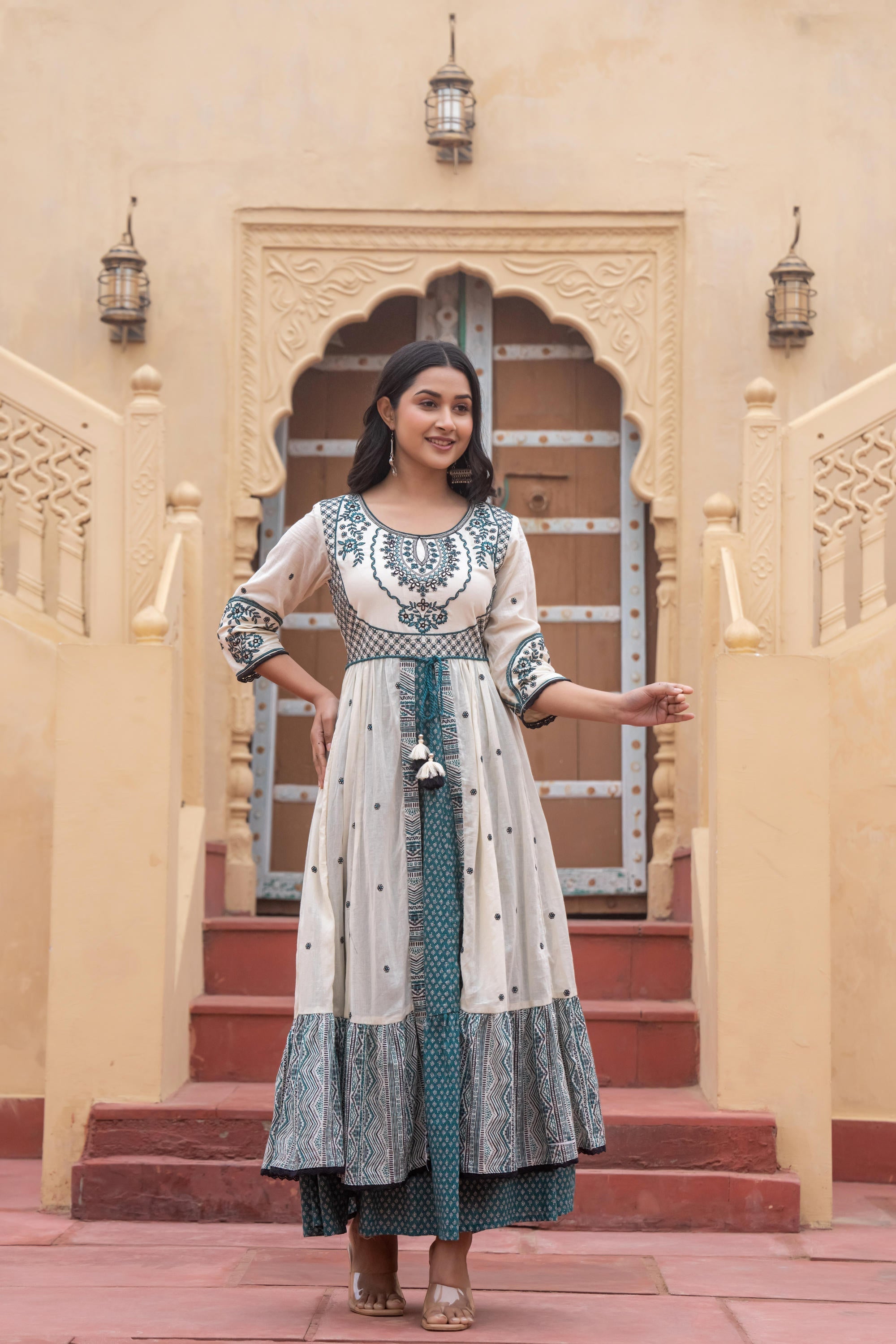 Juniper Off White & Teal Green Embroidered Tiered Ethnic Dress with Inner Layer