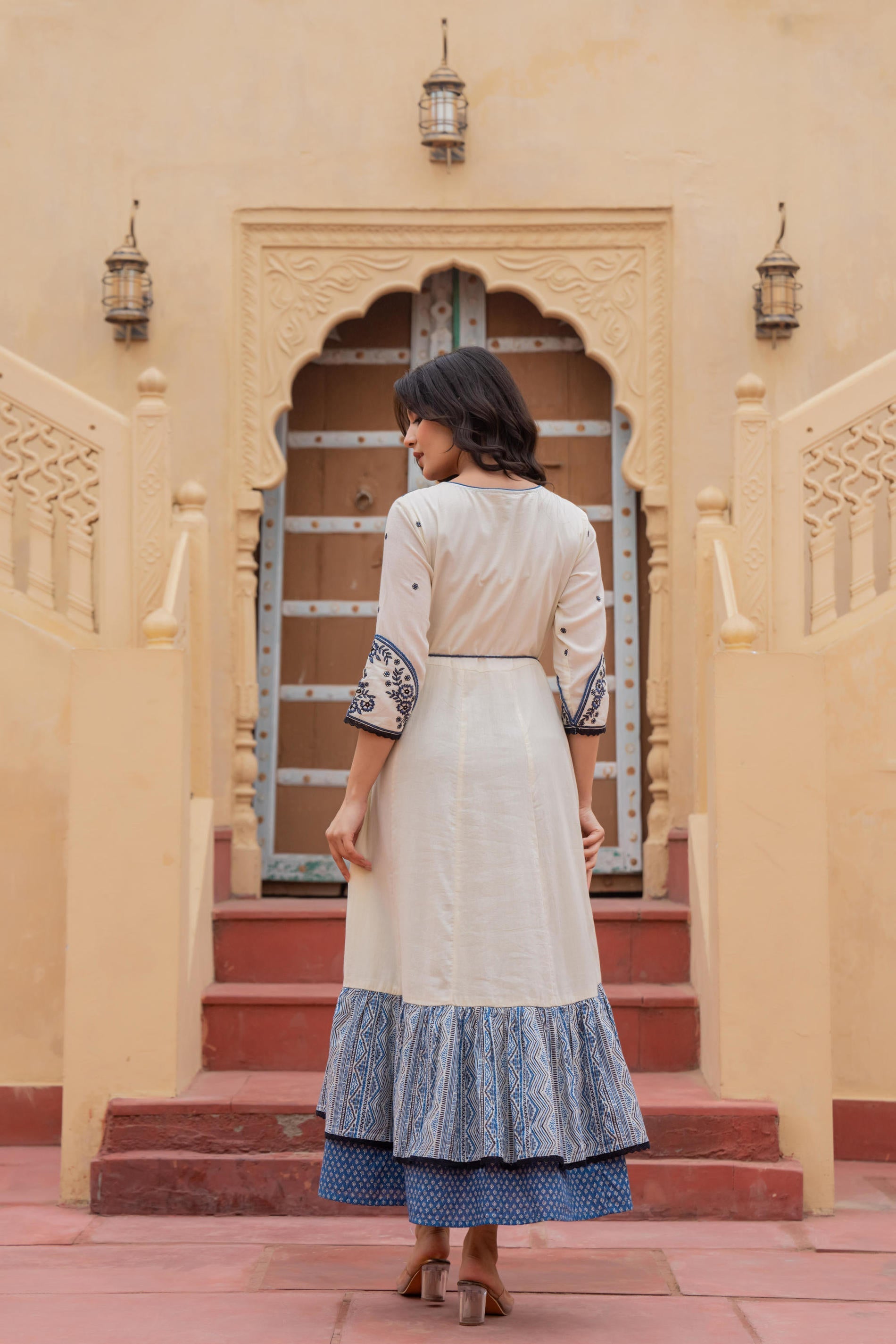 Juniper Off White & Indigo Embroidered Tiered Ethnic Dress with Inner Layer