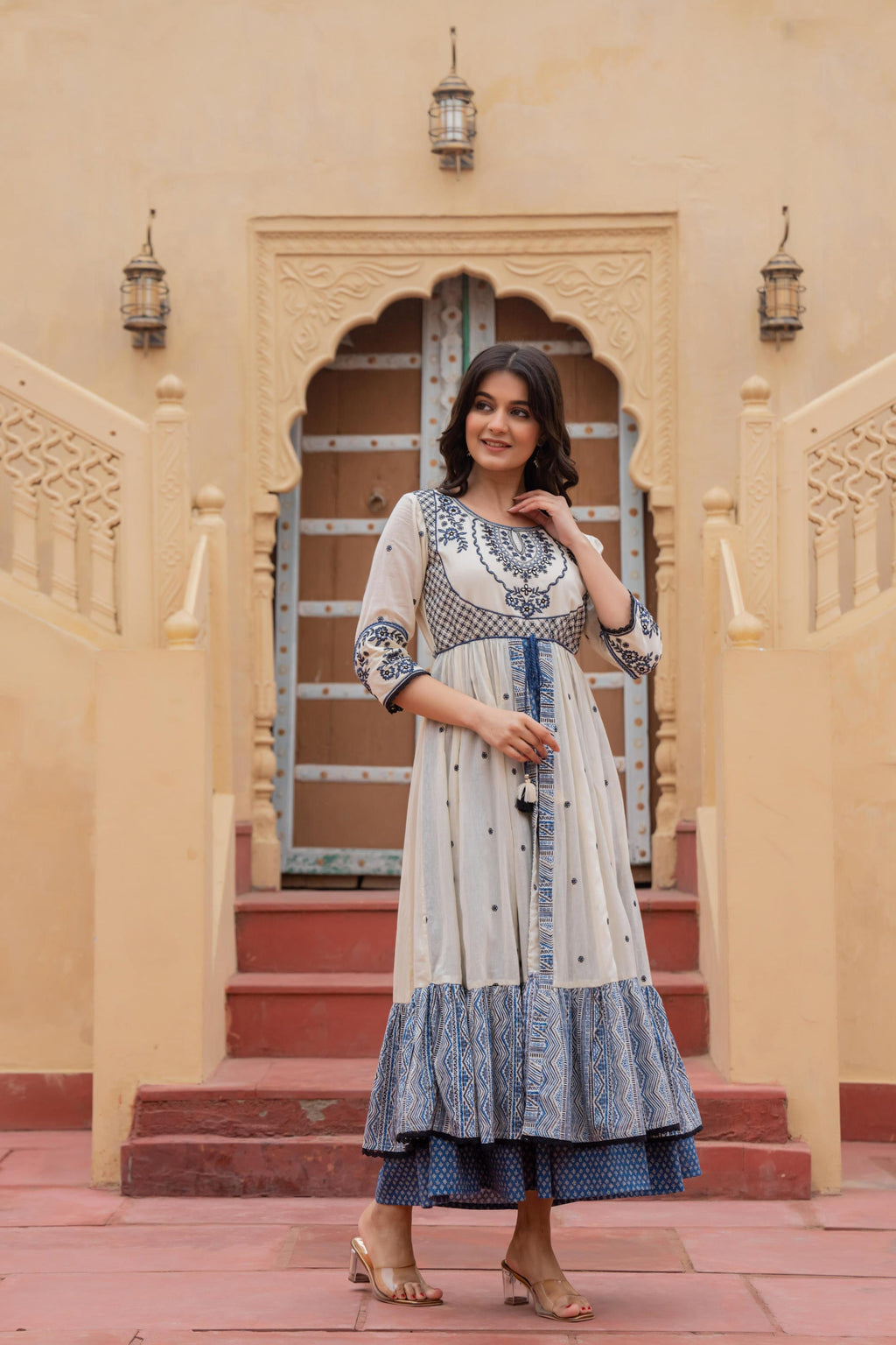 Juniper Off White & Indigo Embroidered Tiered Ethnic Dress with Inner Layer