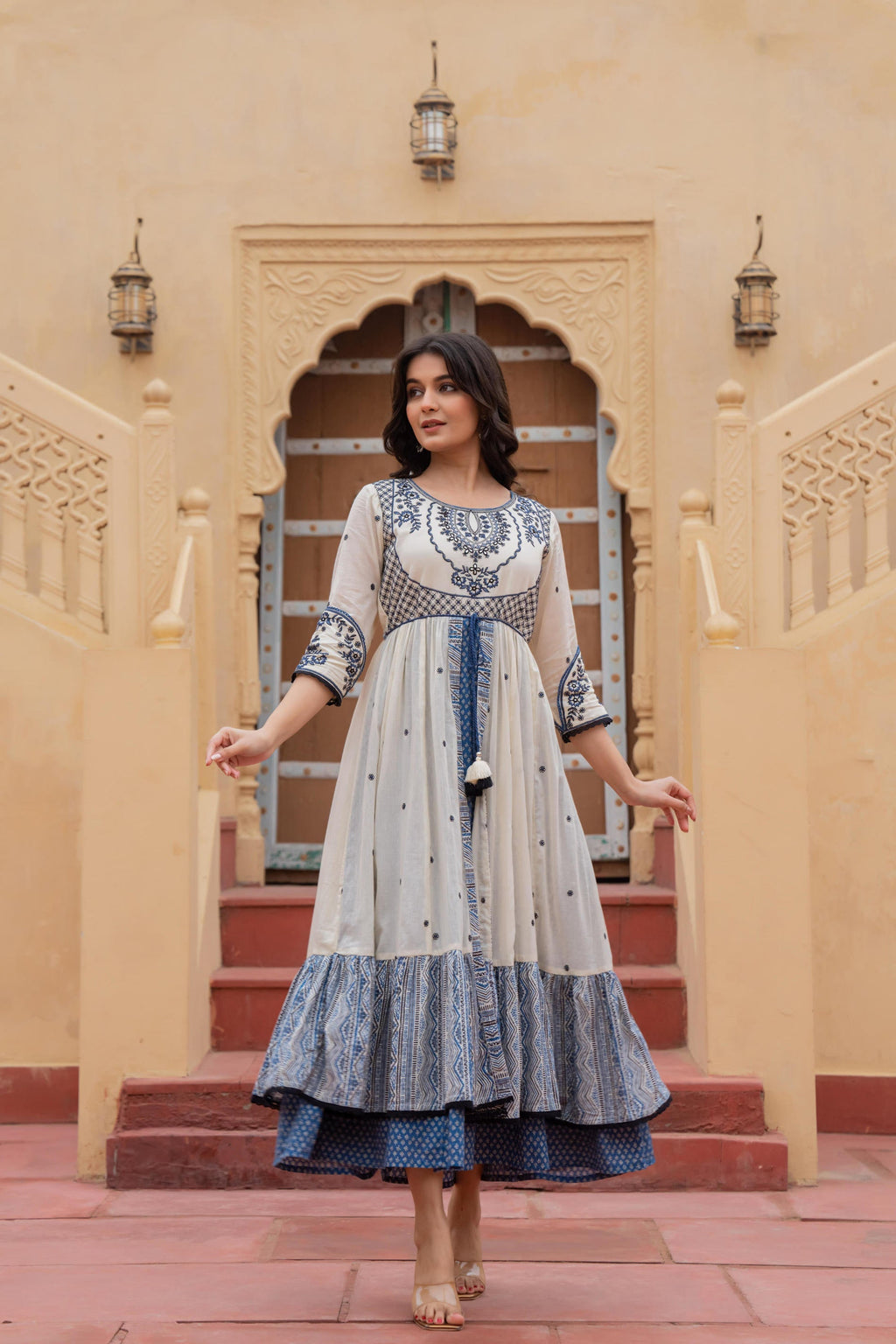 Juniper Off White & Indigo Embroidered Tiered Ethnic Dress with Inner Layer