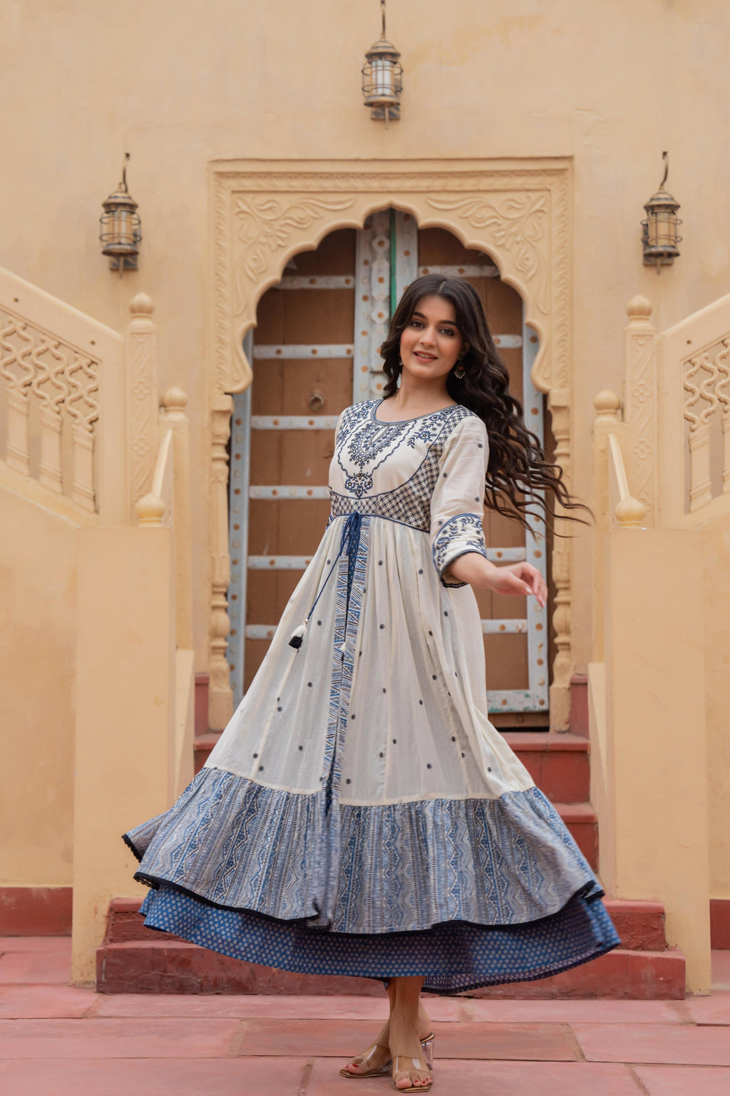 Juniper Off White & Indigo Embroidered Tiered Ethnic Dress with Inner Layer