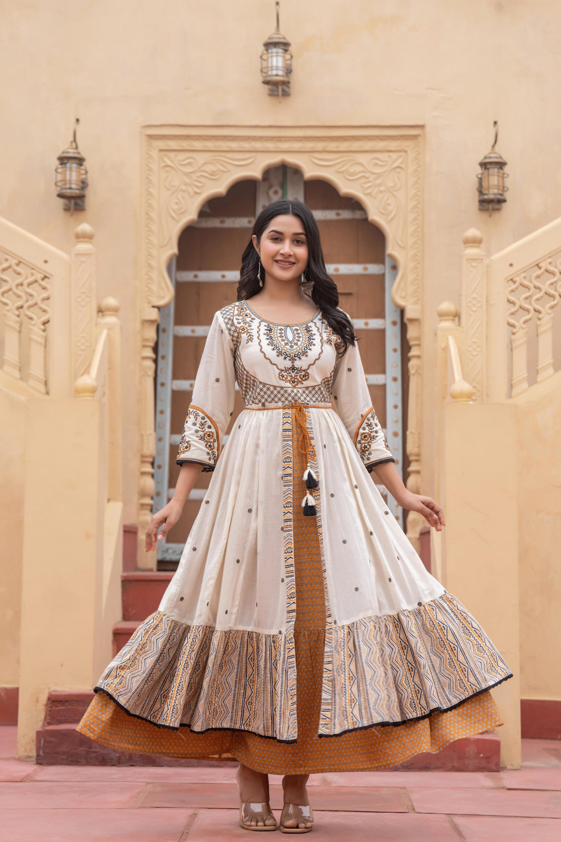 Juniper Off White & Mustard Embroidered Tiered Ethnic Dress with Inner Layer