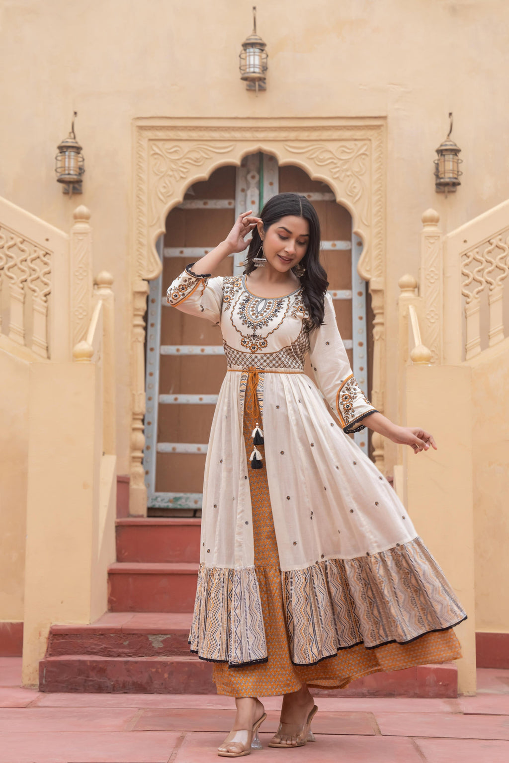 Juniper Off White & Mustard Embroidered Tiered Ethnic Dress with Inner Layer