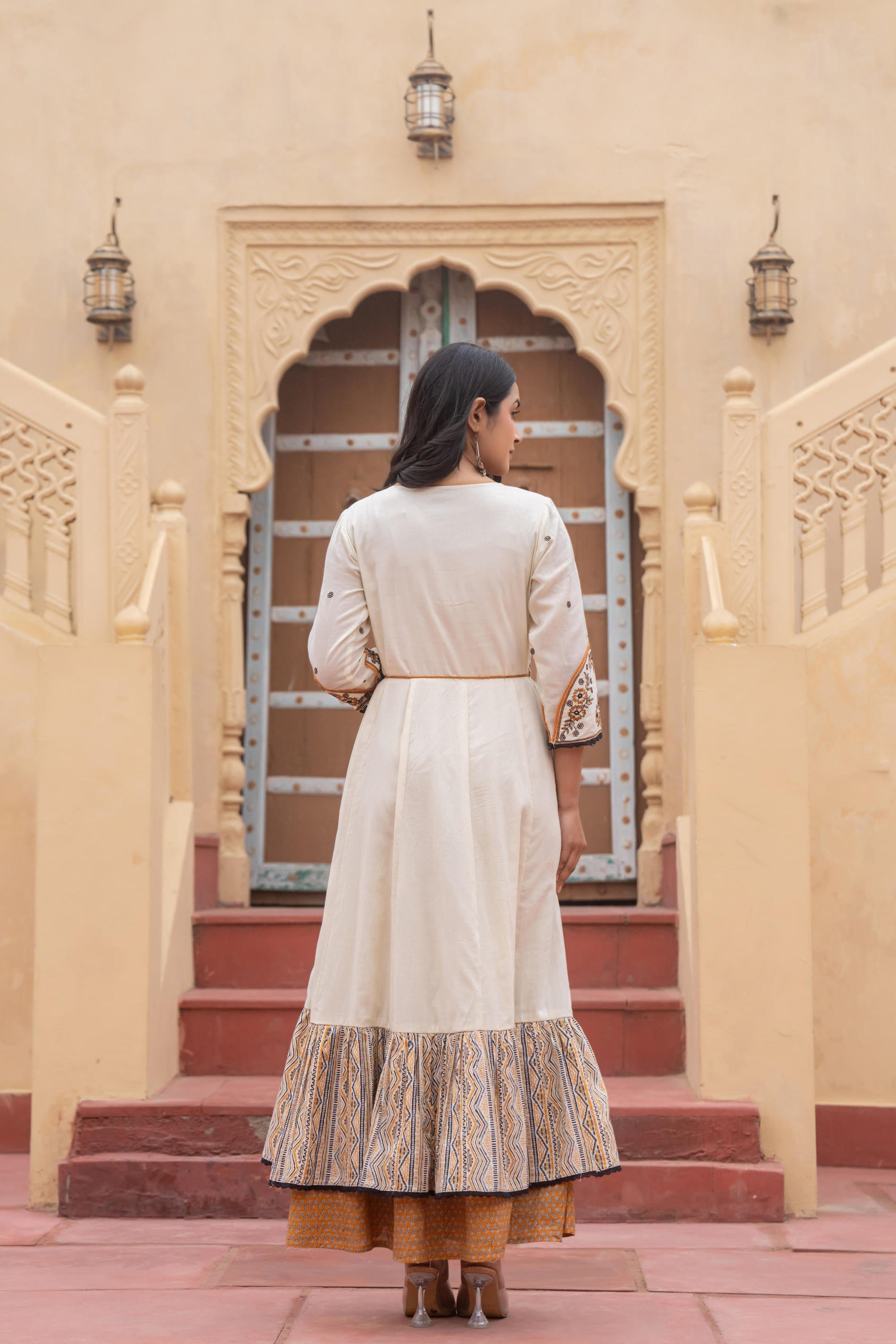 Juniper Off White & Mustard Embroidered Tiered Ethnic Dress with Inner Layer