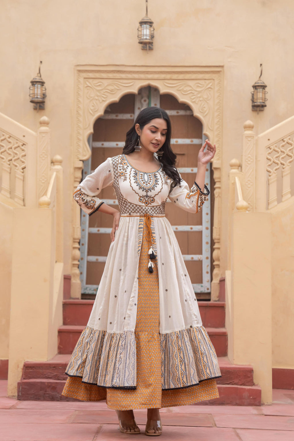 Juniper Off White & Mustard Embroidered Tiered Ethnic Dress with Inner Layer