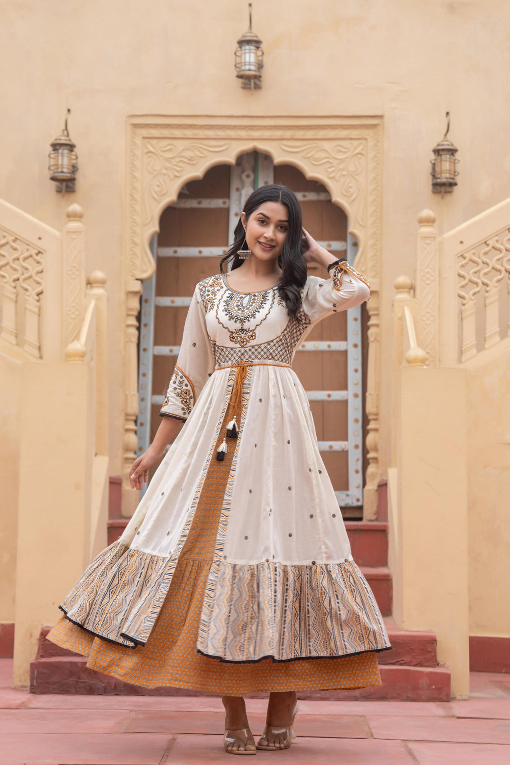 Juniper Off White & Mustard Embroidered Tiered Ethnic Dress with Inner Layer