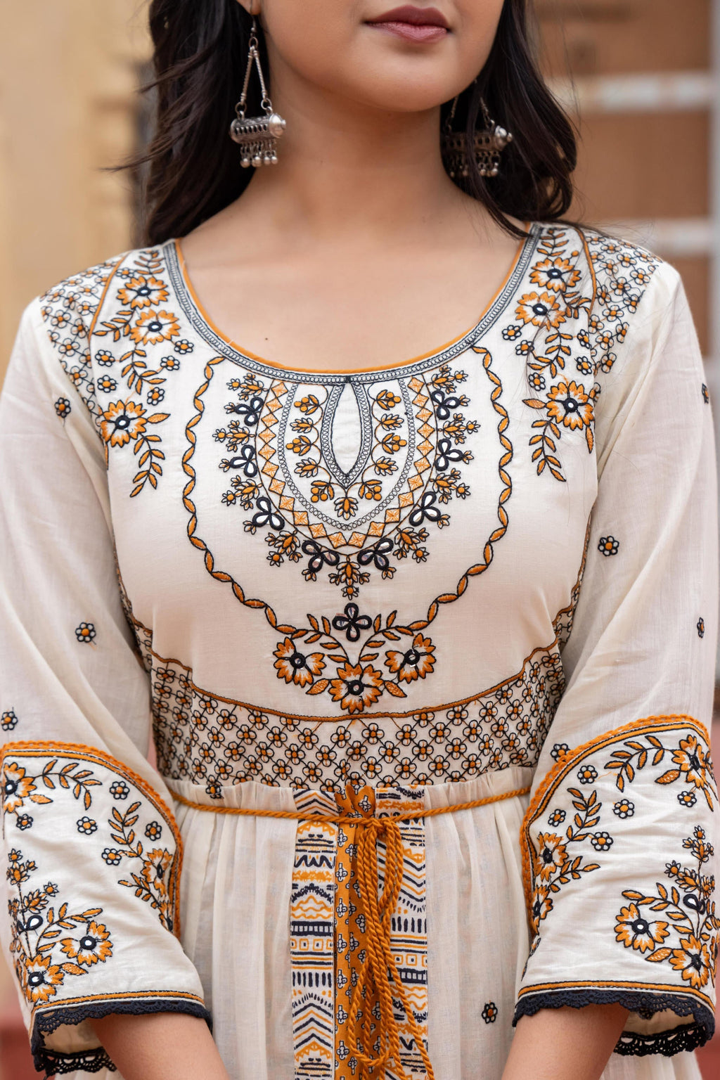 Juniper Off White & Mustard Embroidered Tiered Ethnic Dress with Inner Layer