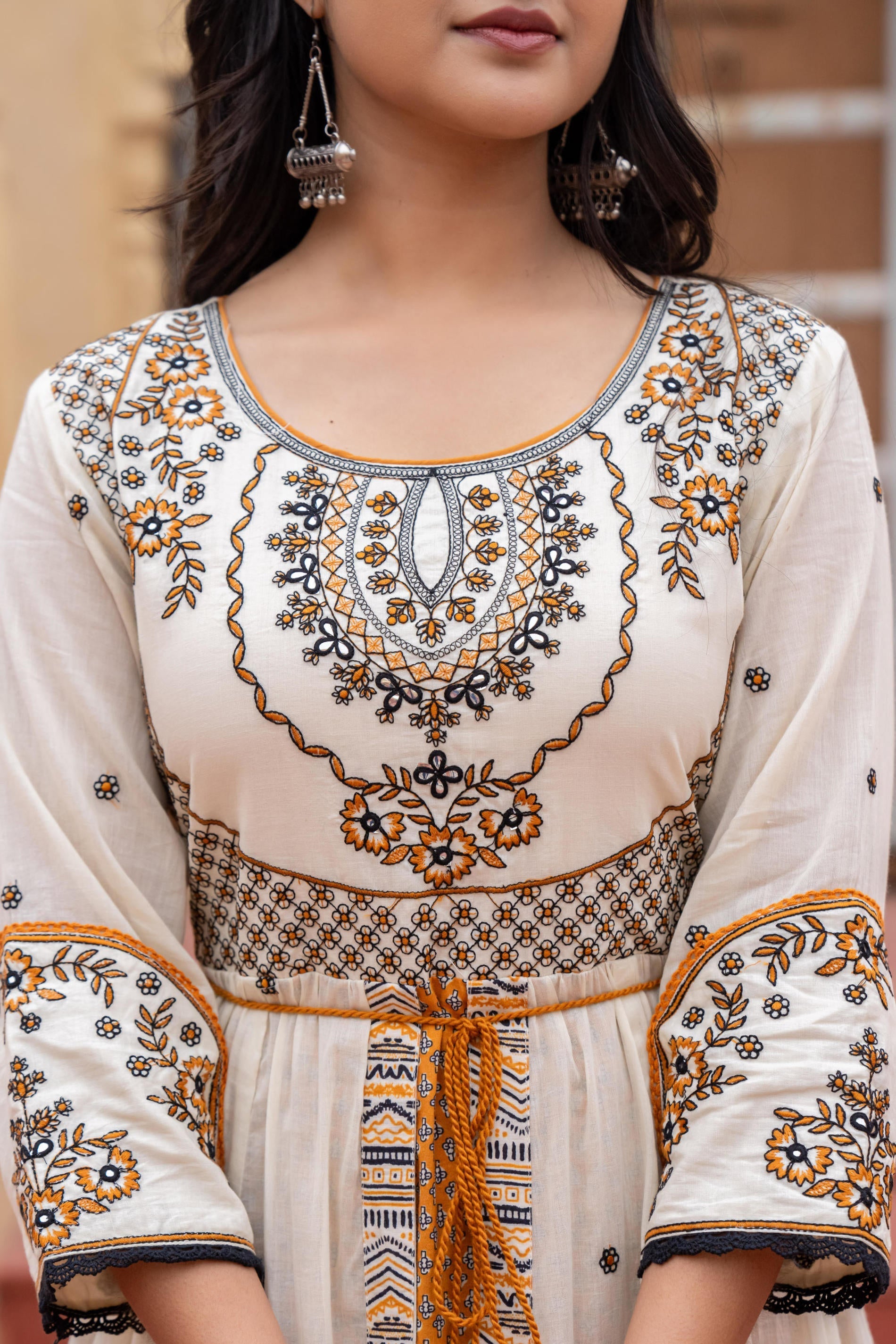 Juniper Off White & Mustard Embroidered Tiered Ethnic Dress with Inner Layer