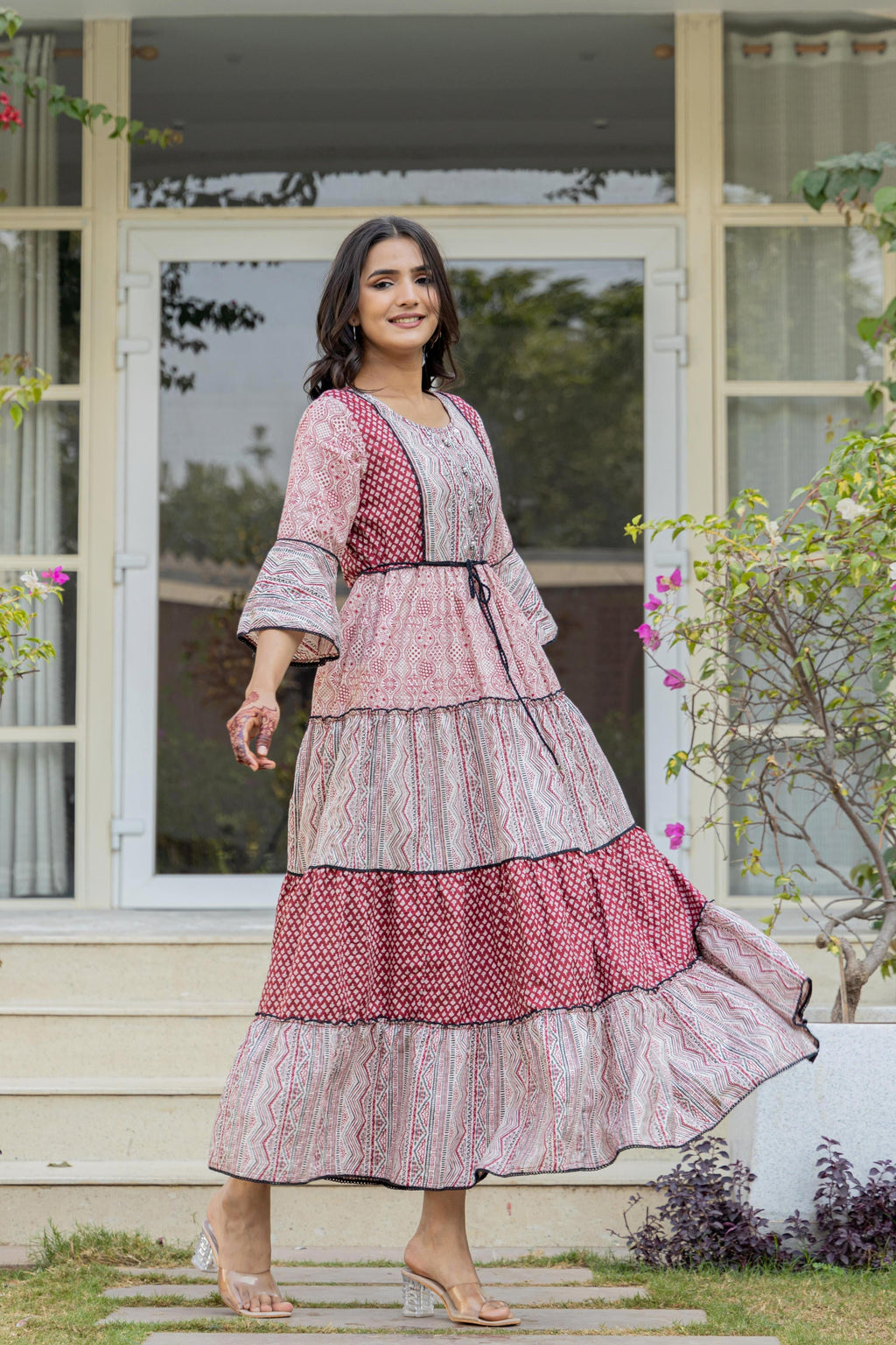 Juniper Red Ethnic Motif Printed Cotton Long Dress With Sequins & Doris