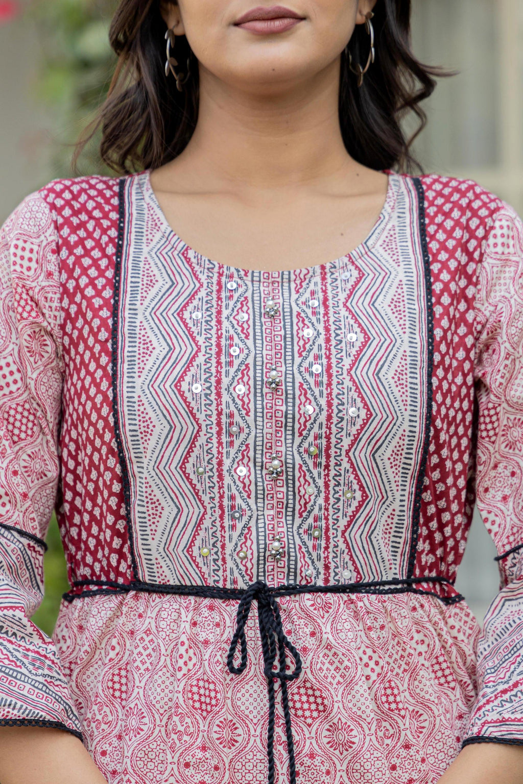Juniper Red Ethnic Motif Printed Cotton Long Dress With Sequins & Doris