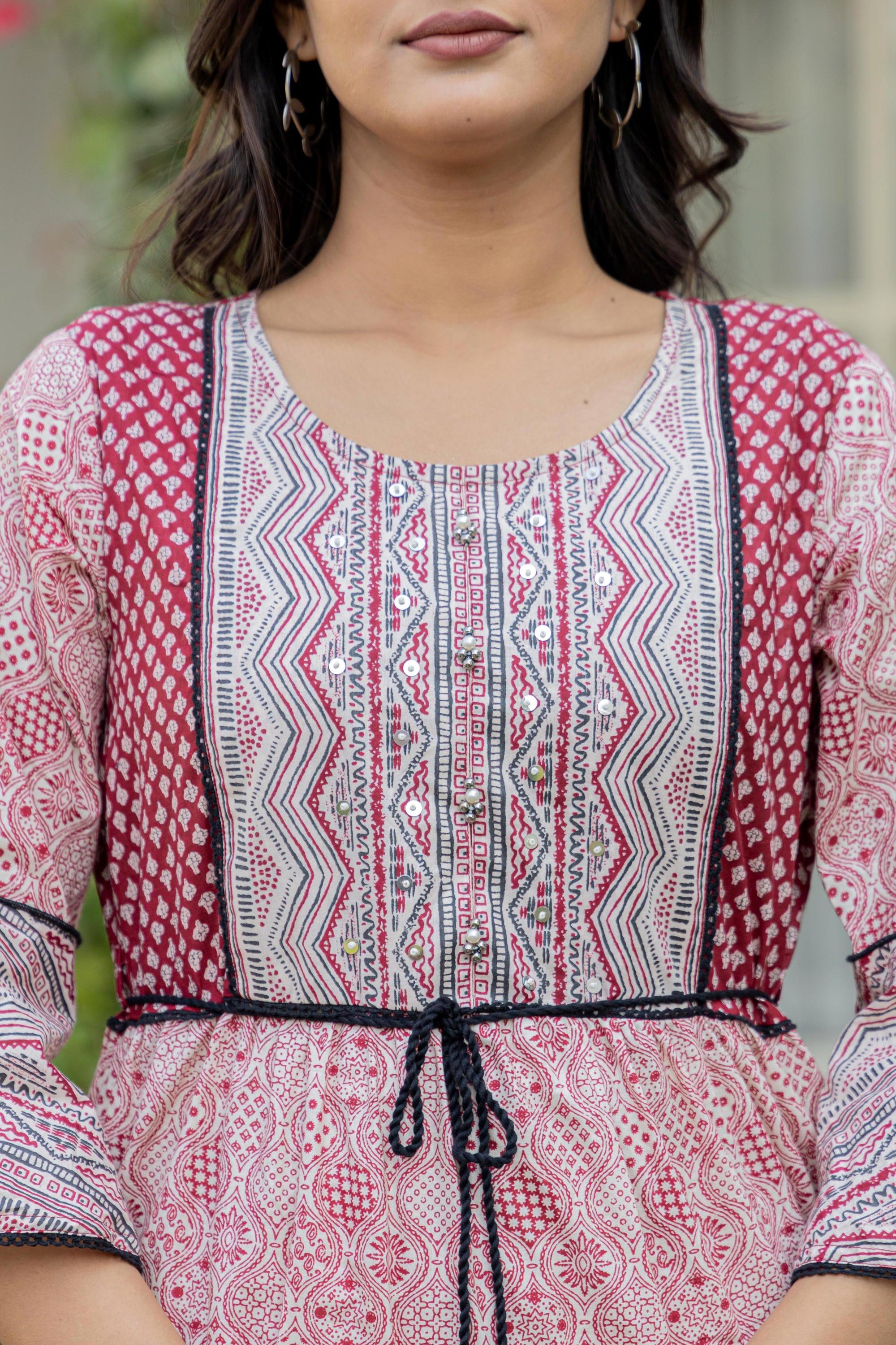 Juniper Red Ethnic Motif Printed Cotton Long Dress With Sequins & Doris