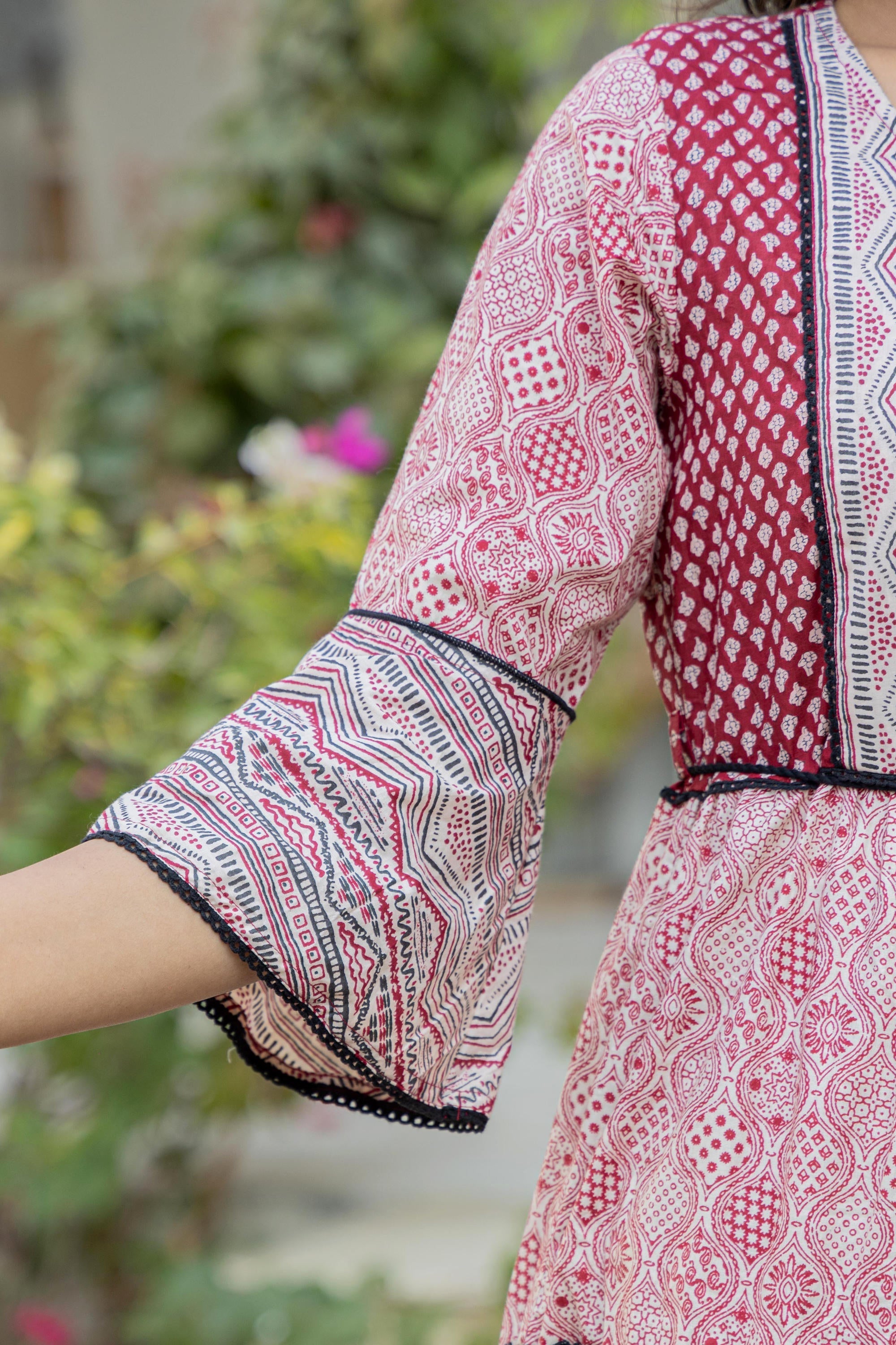 Juniper Red Ethnic Motif Printed Cotton Long Dress With Sequins & Doris