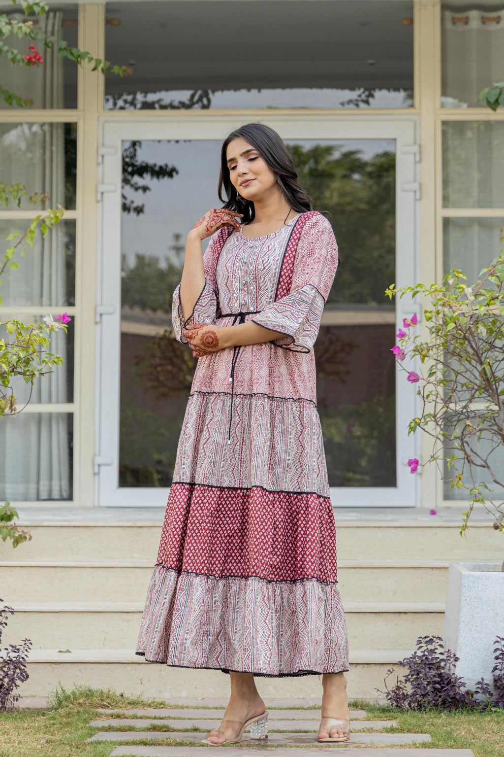 Juniper Red Ethnic Motif Printed Cotton Long Dress With Sequins & Doris