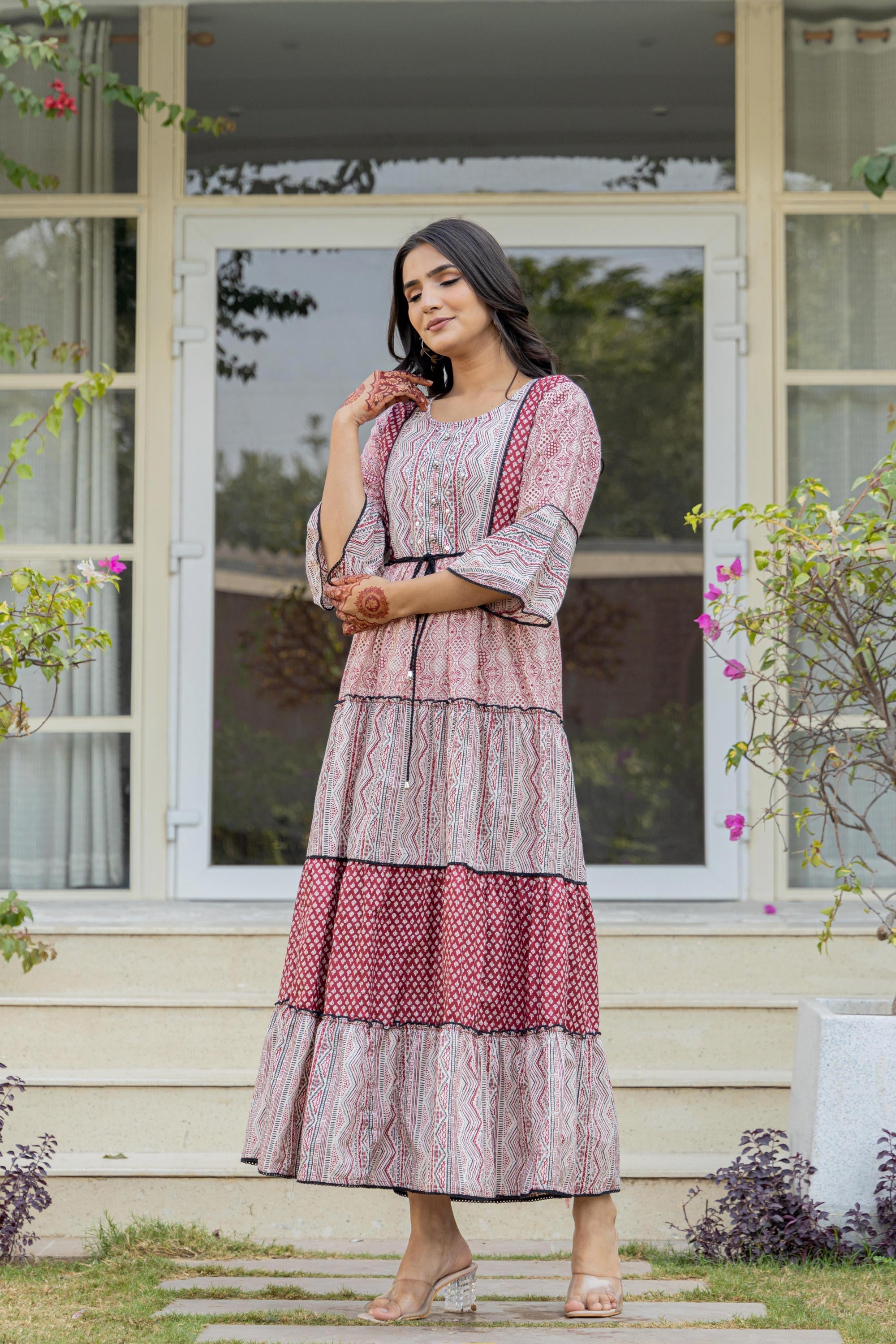 Juniper Red Ethnic Motif Printed Cotton Long Dress With Sequins & Doris