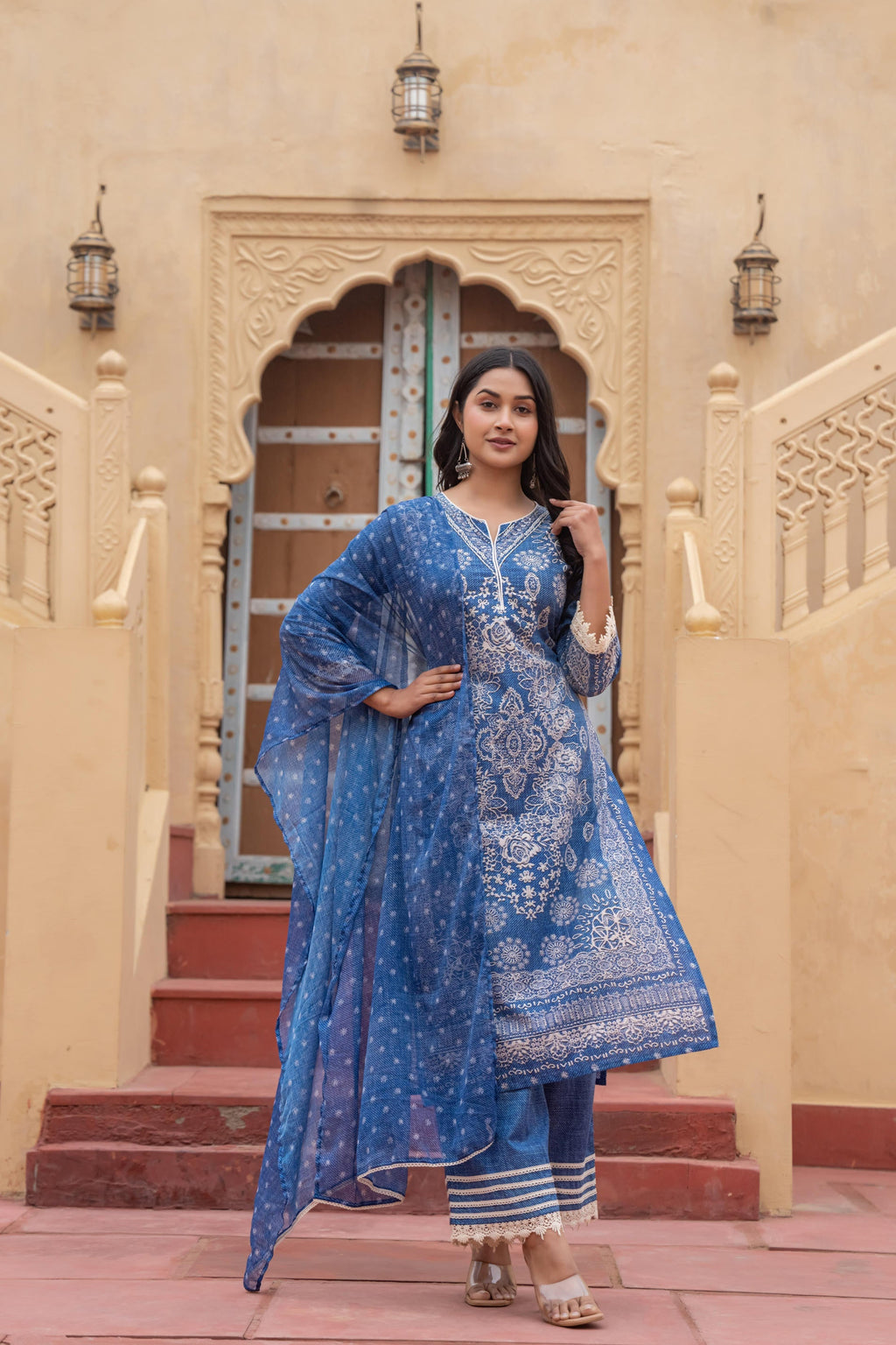 Juniper Indigo Blue Bloom Ethnic Print Straight Kurta Set With Dupatta