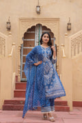 Juniper Indigo Blue Bloom Ethnic Print Straight Kurta Set With Dupatta
