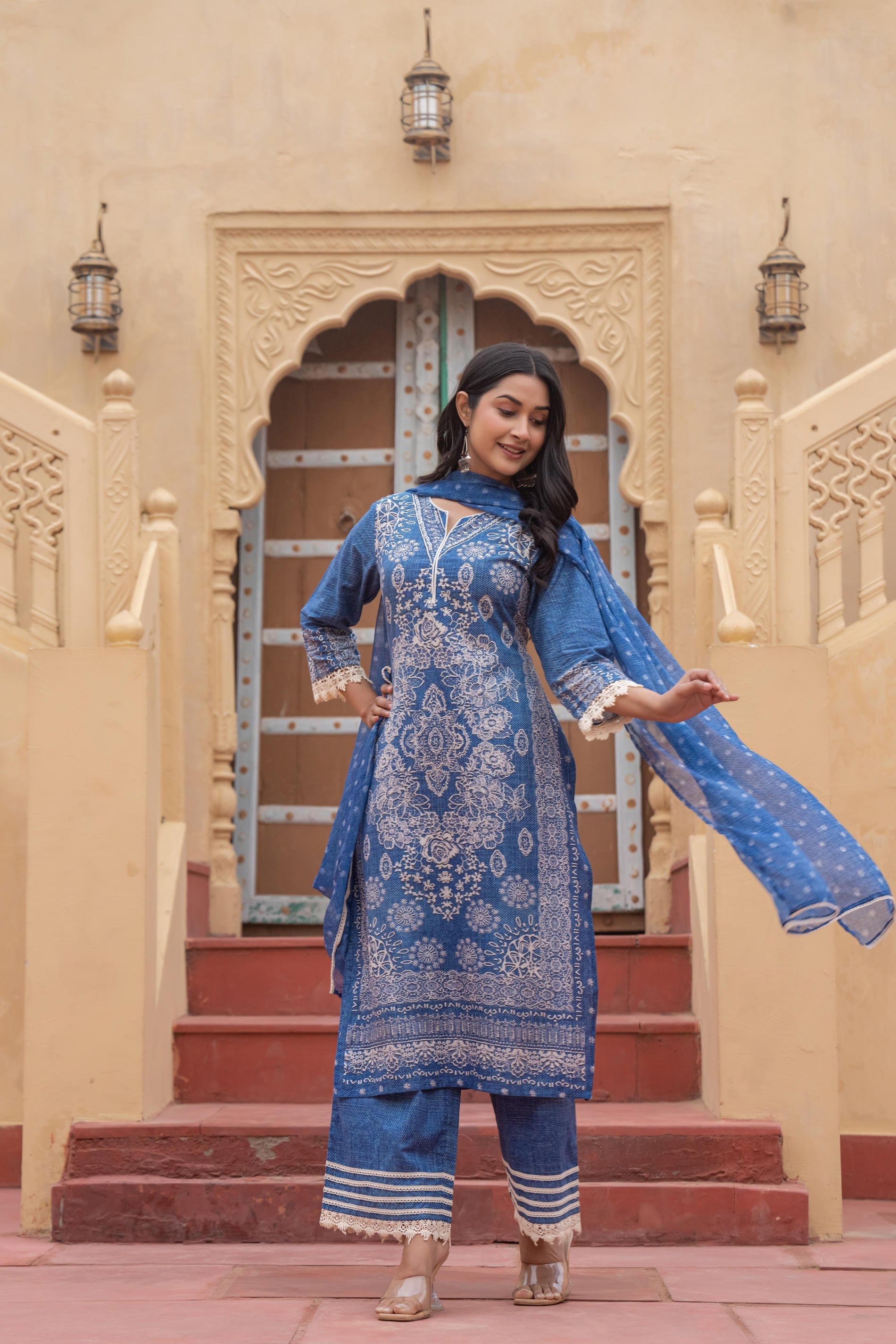 Juniper Indigo Blue Bloom Ethnic Print Straight Kurta Set With Dupatta
