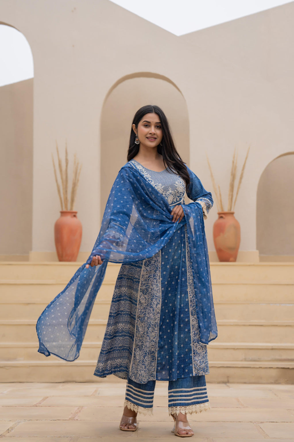 Juniper Indigo Blue Breeze Printed & Embroidered Anarkali Kurta Set With Dupatta