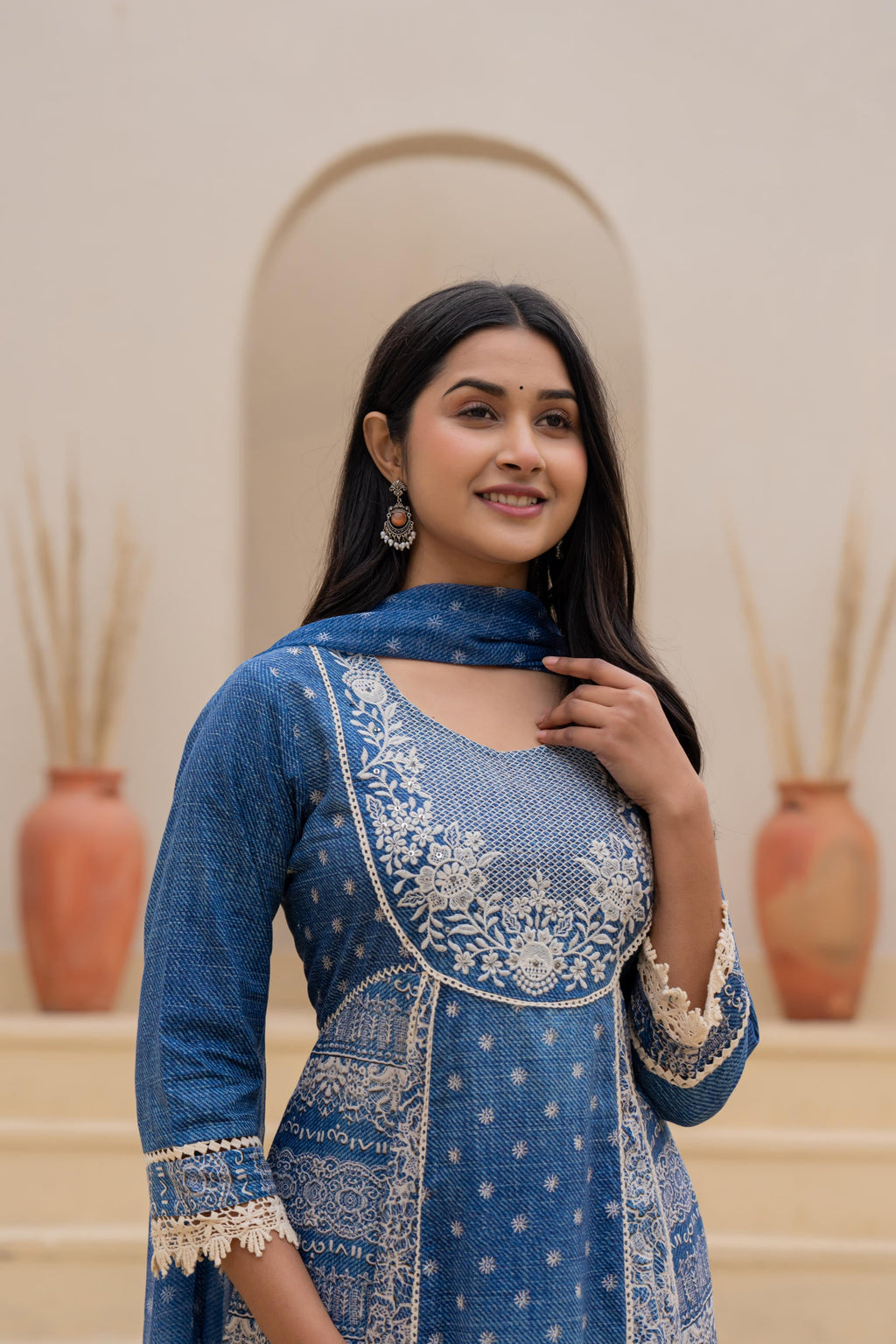 Juniper Indigo Blue Breeze Printed & Embroidered Anarkali Kurta Set With Dupatta