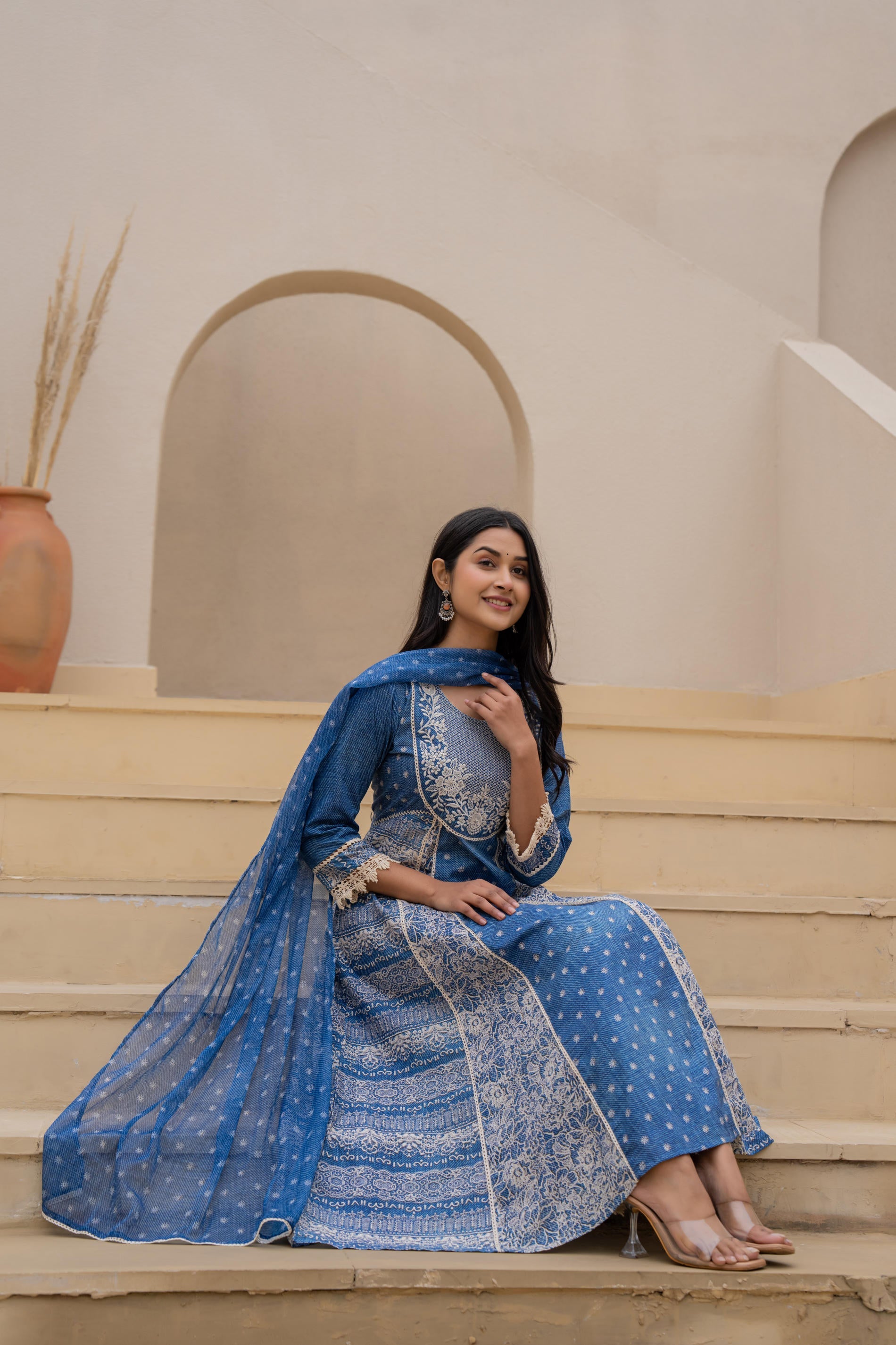 Juniper Indigo Blue Breeze Printed & Embroidered Anarkali Kurta Set With Dupatta